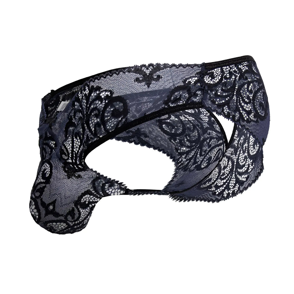 CandyMan 99830 lace briefs in black navy featuring intricate floral patterns and sheer mesh fabric for men
