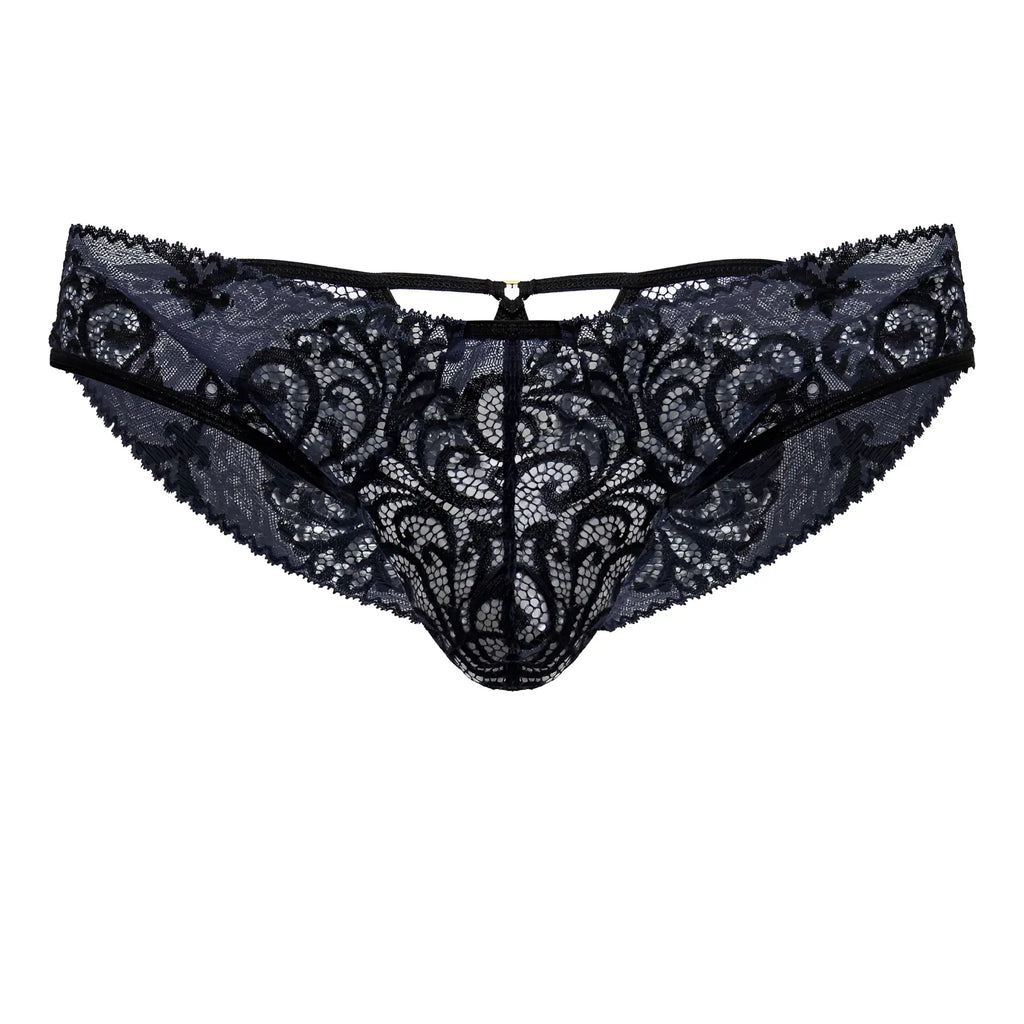 Candyman 99830 black lace briefs with intricate floral patterns and central zipper closure in black navy color