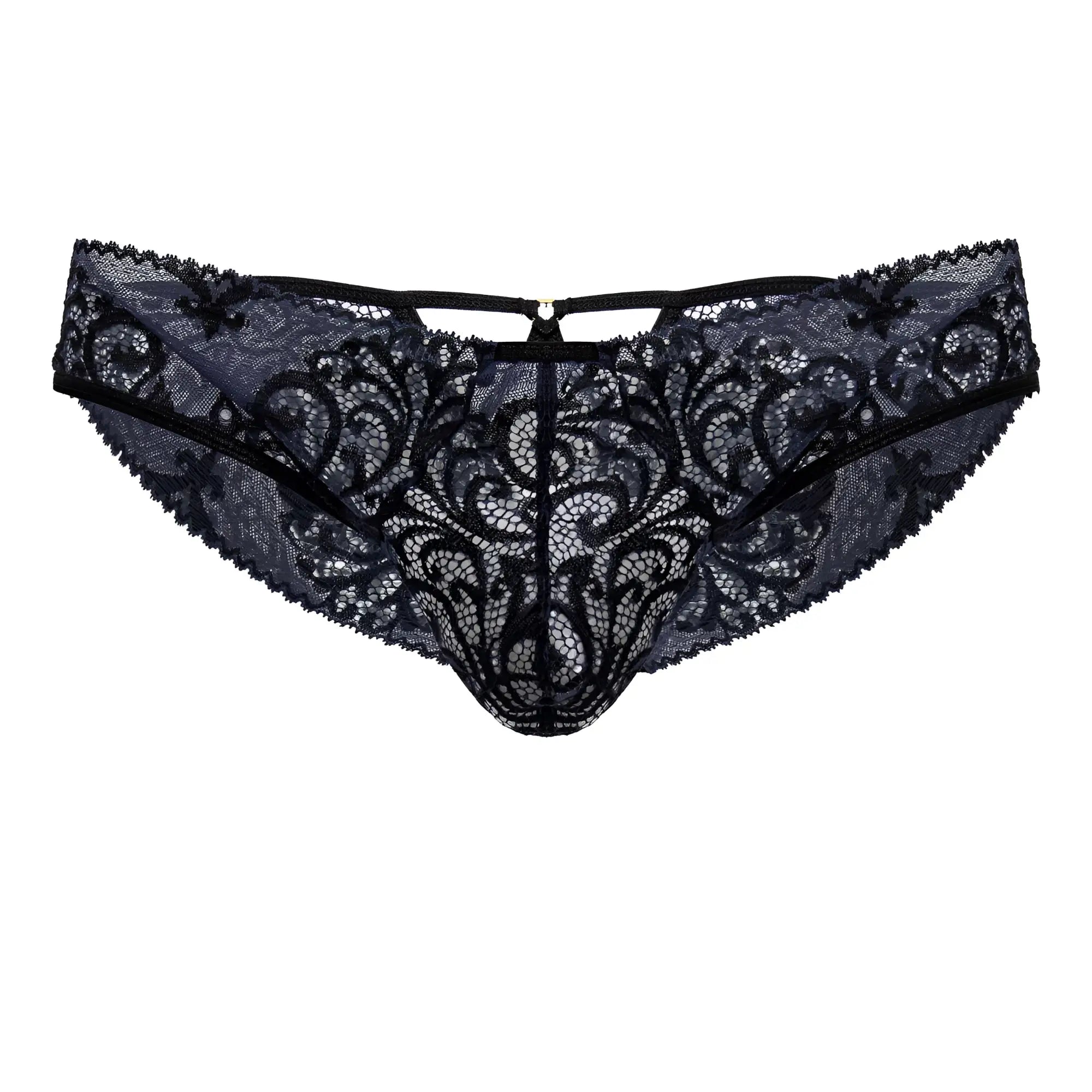 Candyman 99830 black lace briefs with intricate floral patterns and central zipper closure in black navy color