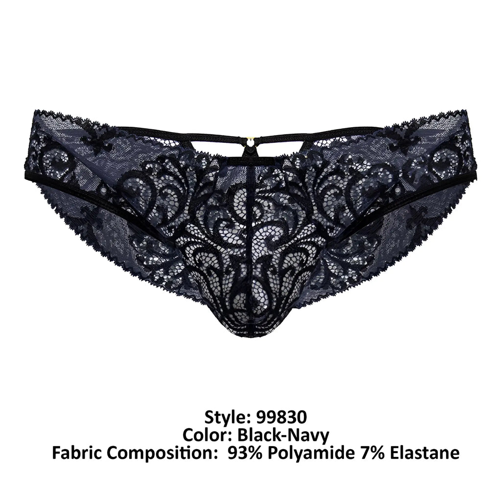 CandyMan 99830 black-navy lace thong with intricate floral patterns and a central clasp for elegant lingerie wear