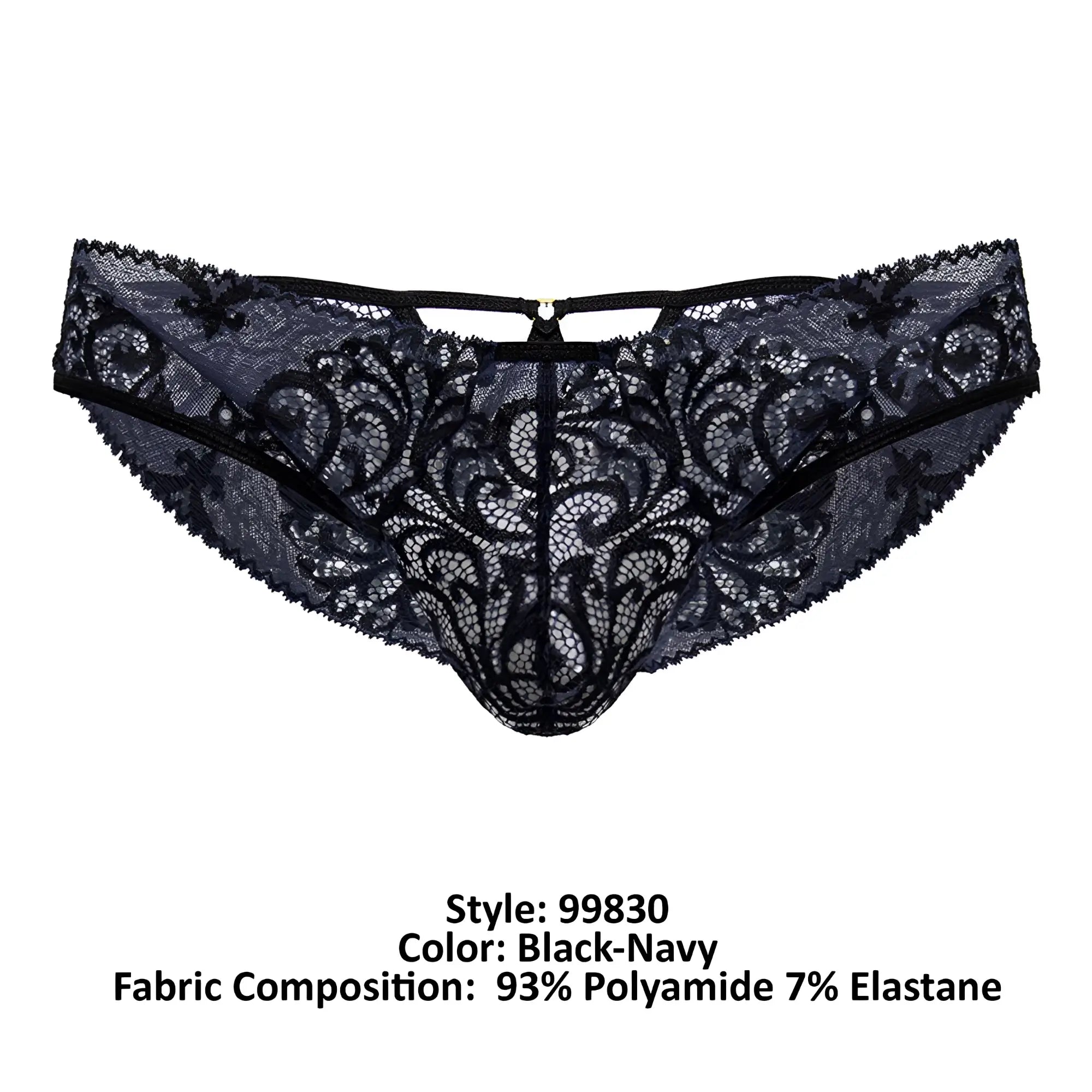 CandyMan 99830 black-navy lace thong with intricate floral patterns and a central clasp for elegant lingerie wear