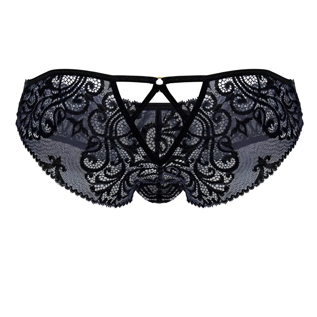 CandyMan 99830 lace briefs in black and navy featuring black lace with intricate floral patterns and a central triangular cutout