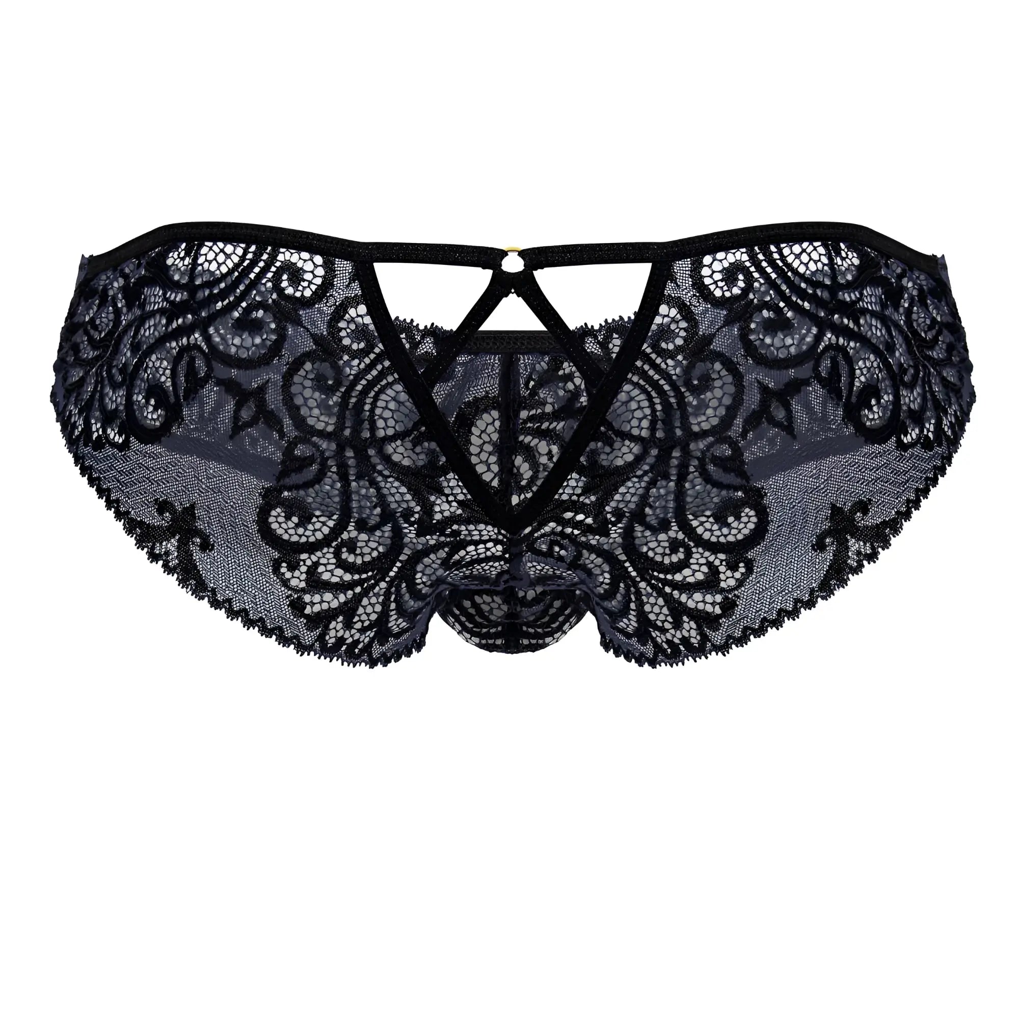 CandyMan 99830 lace briefs in black and navy featuring black lace with intricate floral patterns and a central triangular cutout