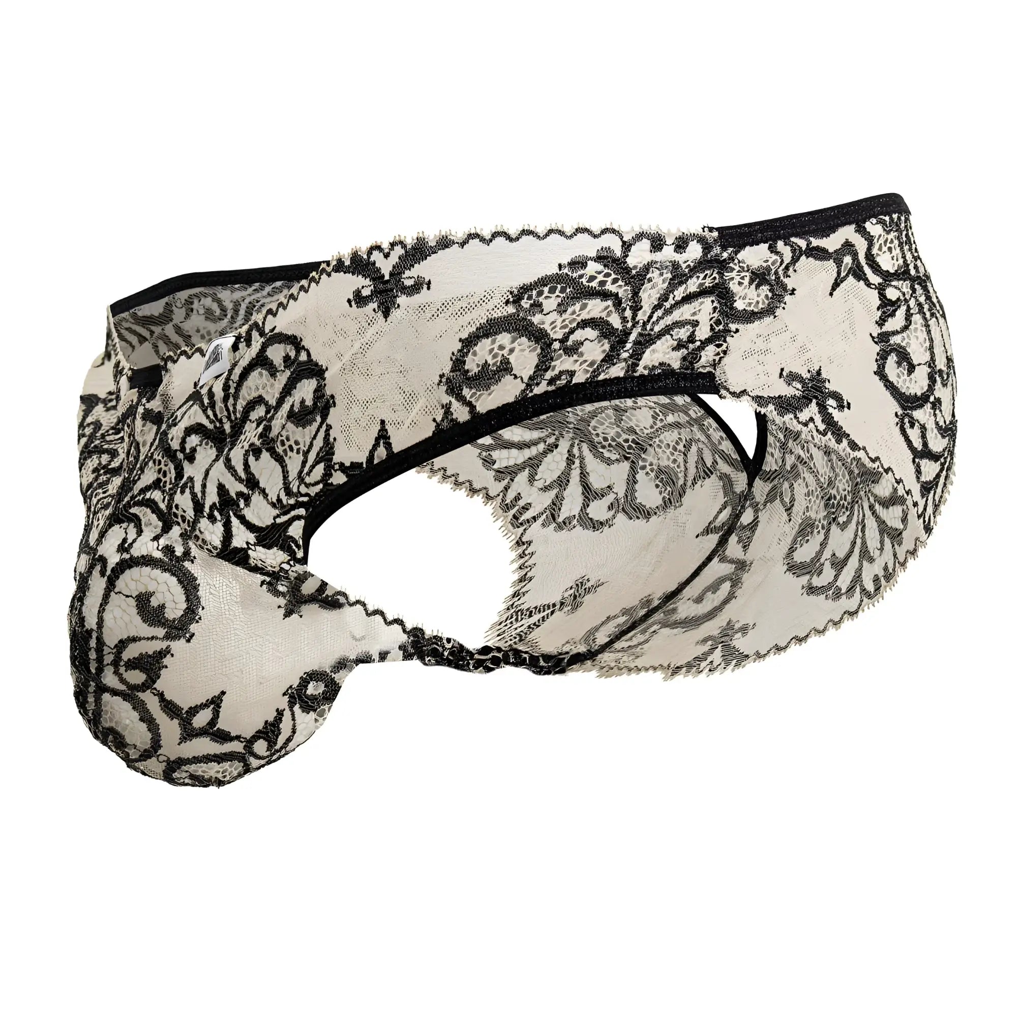 Black and cream lace candy man 99830 briefs with intricate floral patterns in nude black color