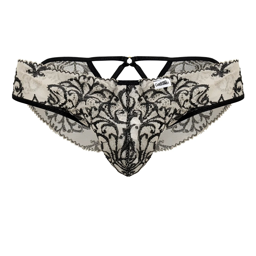 CandyMan 99830 lace briefs in nude-black featuring black and cream lace thong with intricate floral patterns