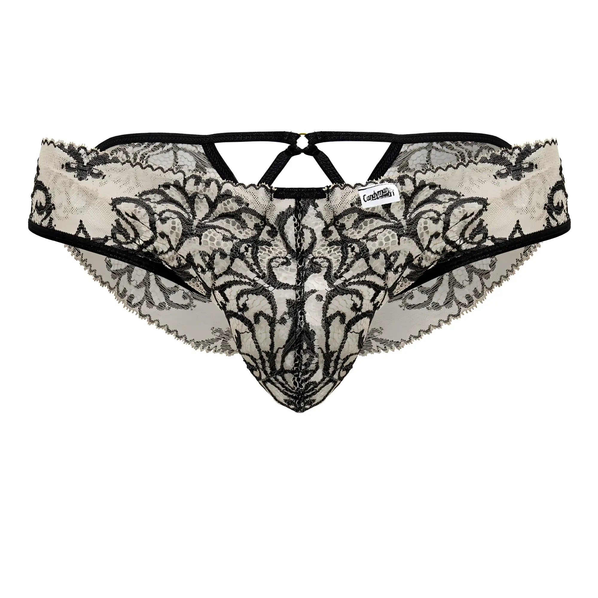 CandyMan 99830 lace briefs in nude-black featuring black and cream lace thong with intricate floral patterns