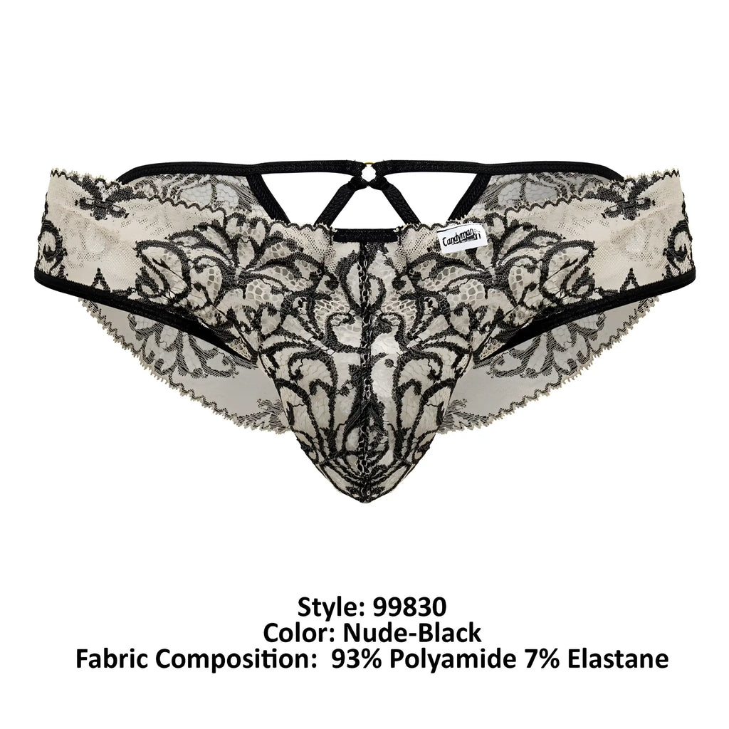 CandyMan 99830 lace briefs in nude and black featuring intricate floral lace thong design