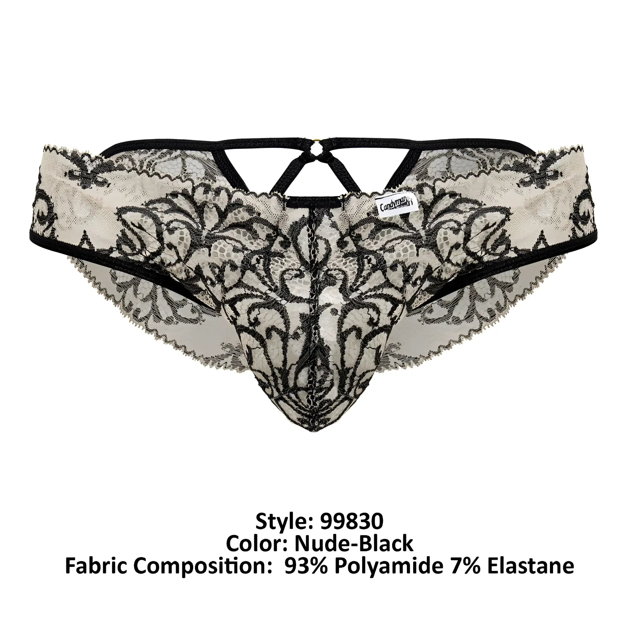 CandyMan 99830 lace briefs in nude and black featuring intricate floral lace thong design