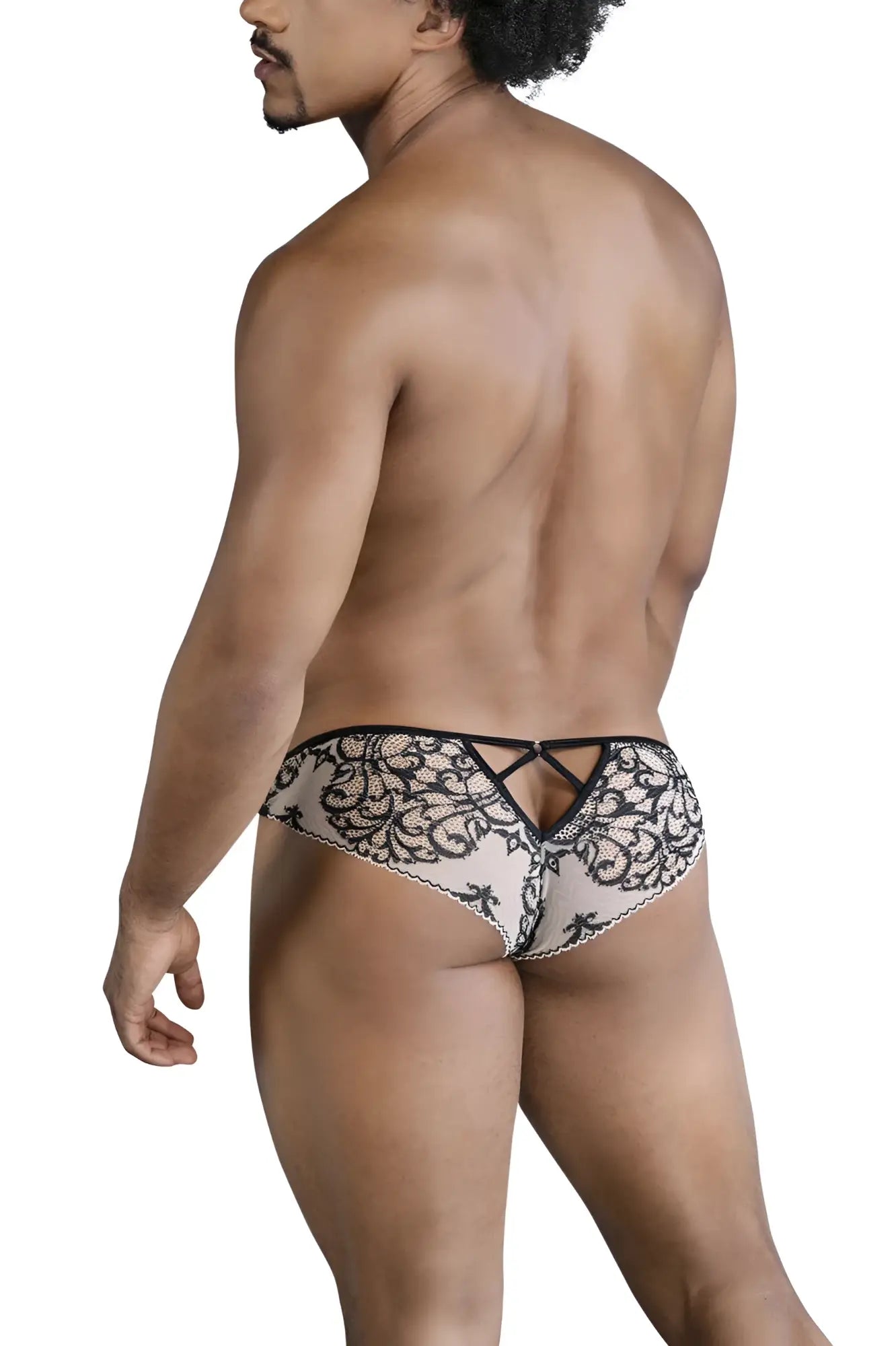Black lace thong candyMan 99830 in nude and black with intricate floral patterns and a back tie design shown from the back