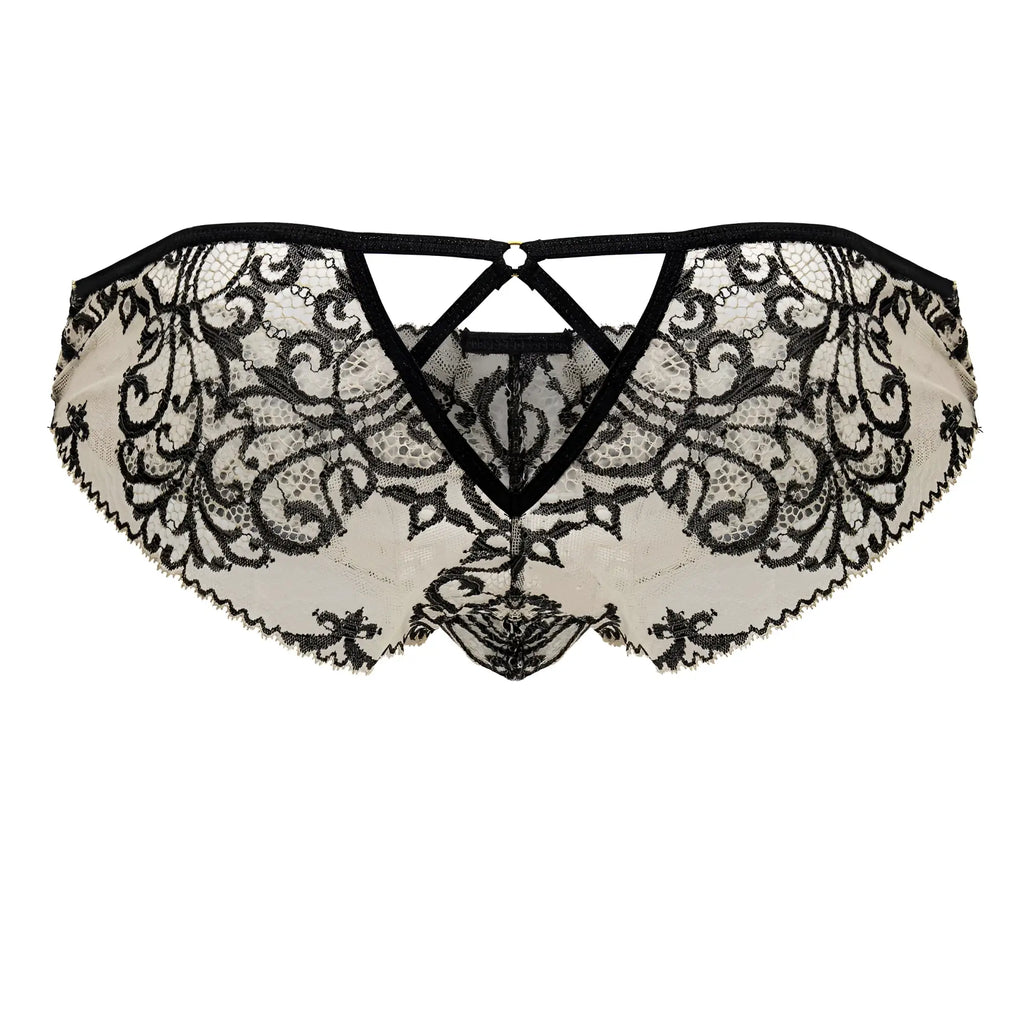 CandyMan 99830 lace briefs in nude black with black lace floral patterns on sheer off-white base fabric