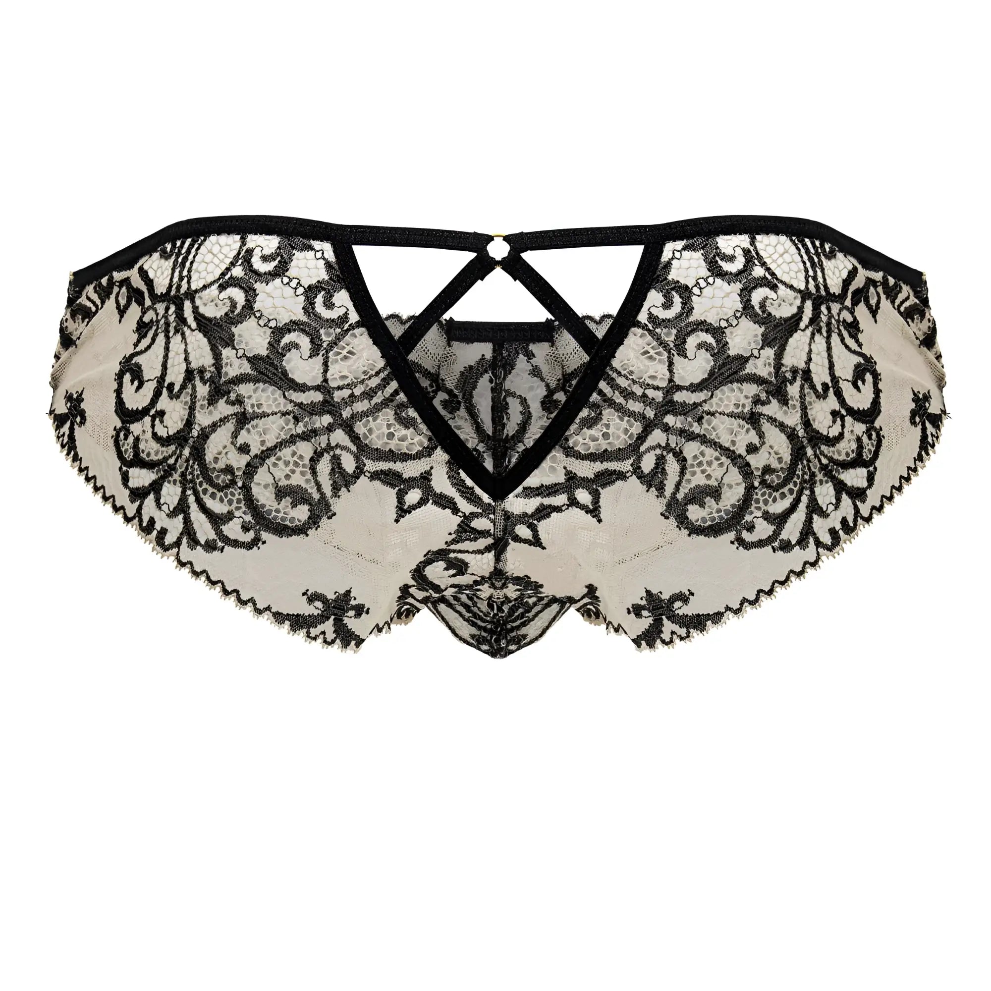 CandyMan 99830 lace briefs in nude black with black lace floral patterns on sheer off-white base fabric