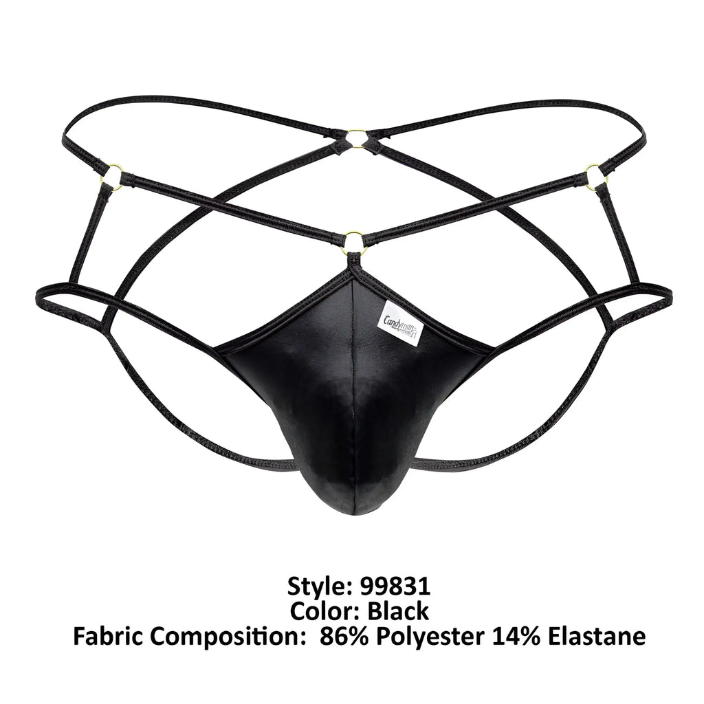 Black leather-like men’s thong cage jockstrap with crisscrossing elastic straps and central panel by candyman
