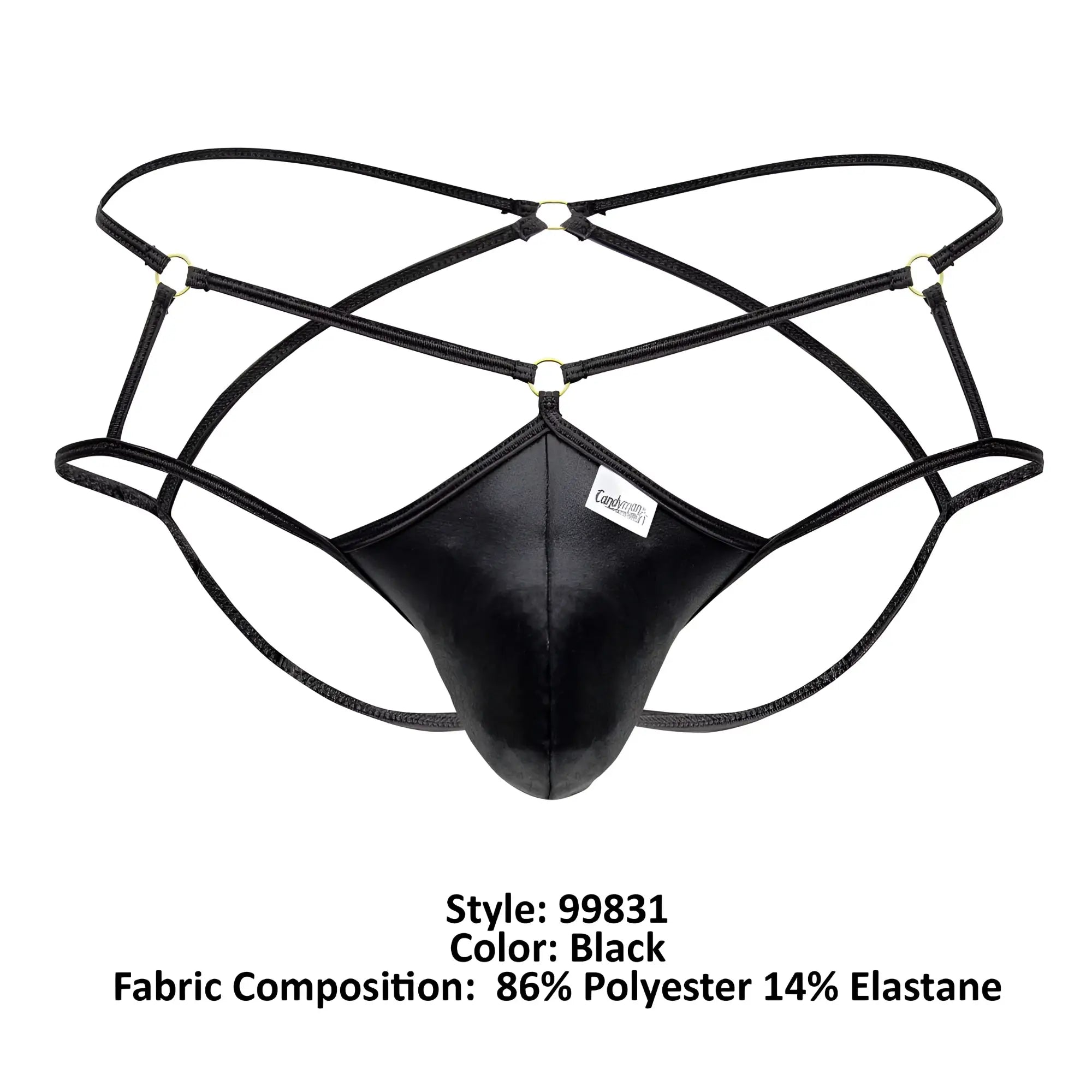 Black leather-like men’s thong cage jockstrap with crisscrossing elastic straps and central panel by candyman