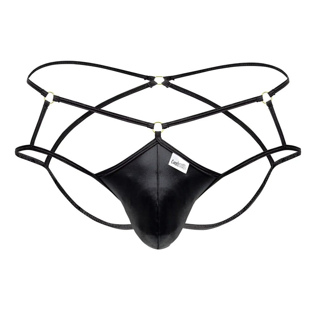 Black leather-like CandyMan 99831 cage jockstrap with crisscrossing straps and metallic hardware front view