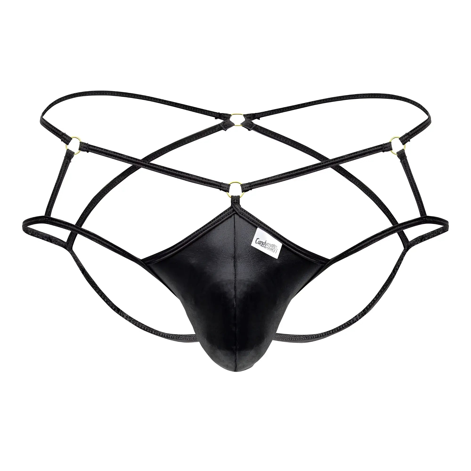 Black leather-like CandyMan 99831 cage jockstrap with crisscrossing straps and metallic hardware front view