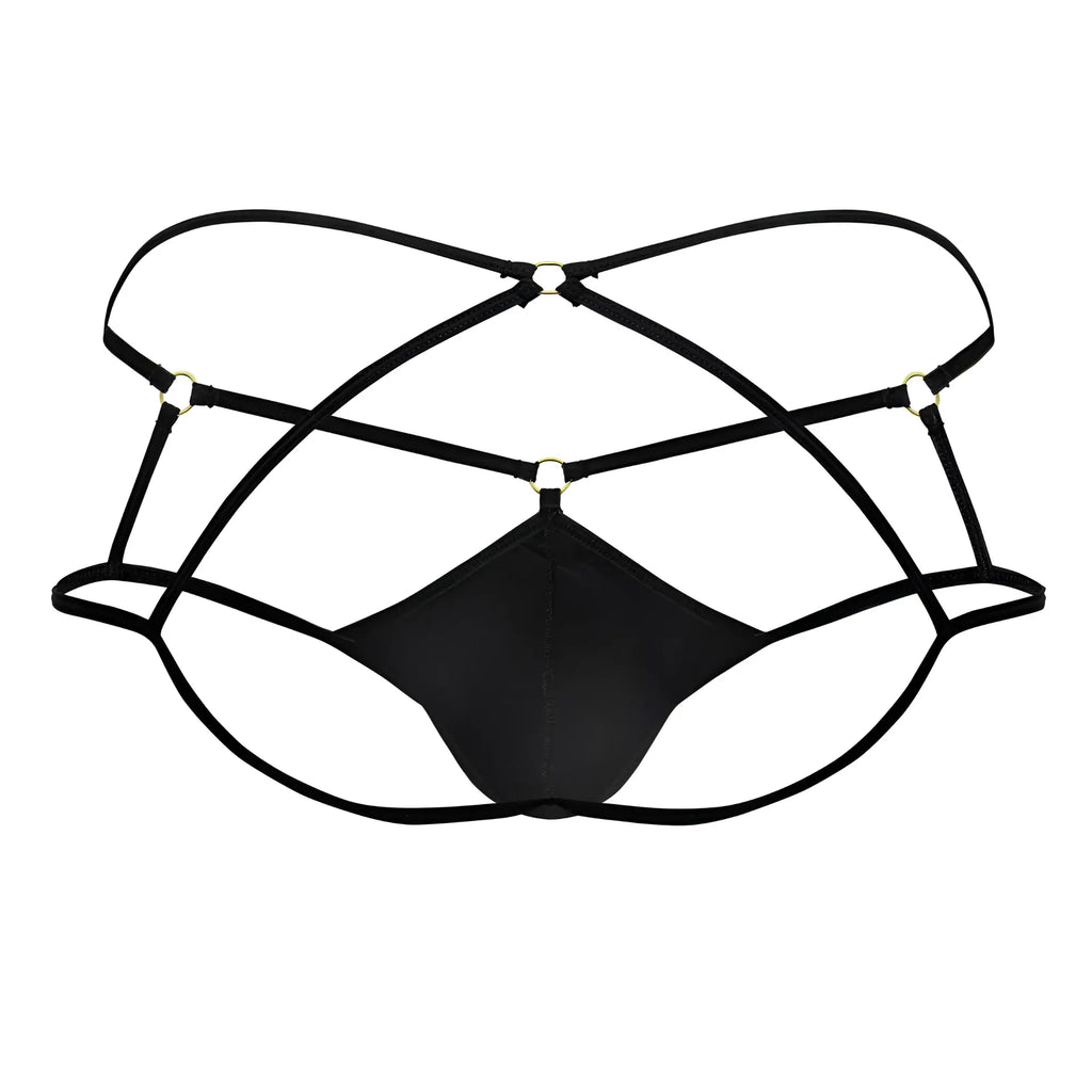 Black satin-like candyMan 99831 cage jockstrap thong with crisscross elastic straps and gold-toned clasps back view