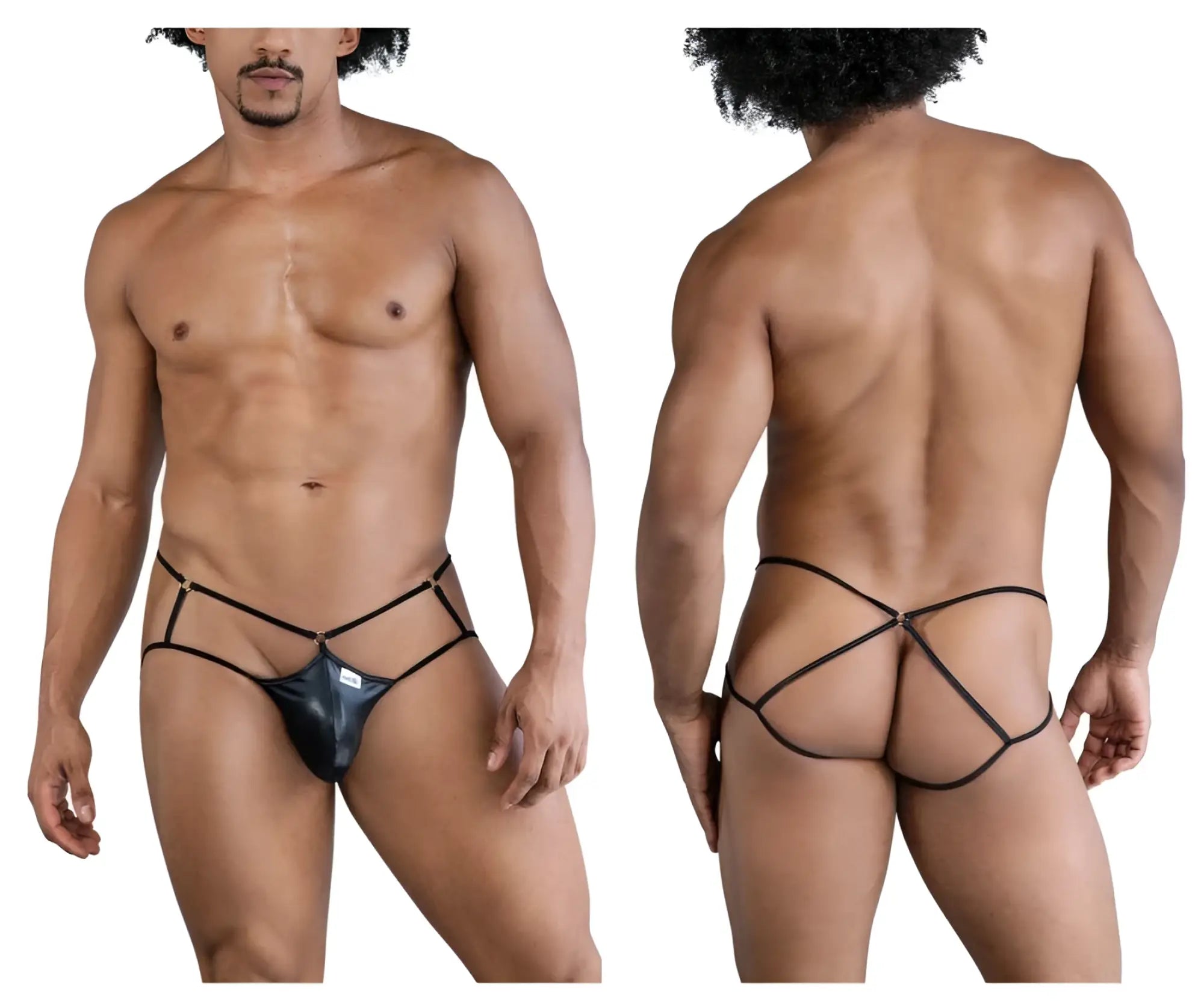 Black shiny latex thong with crisscross black elastic straps at the back candyMan 99831 cage jockstrap in black