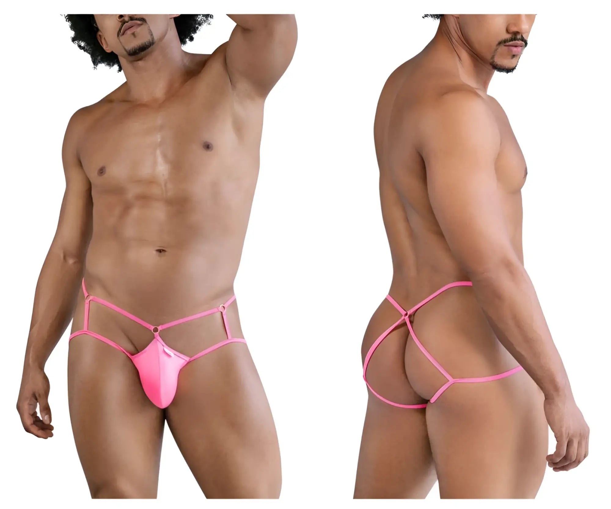 Bright pink sheer mesh CandyMan 99831 cage jockstrap with crisscross back straps and central front panel shown from back