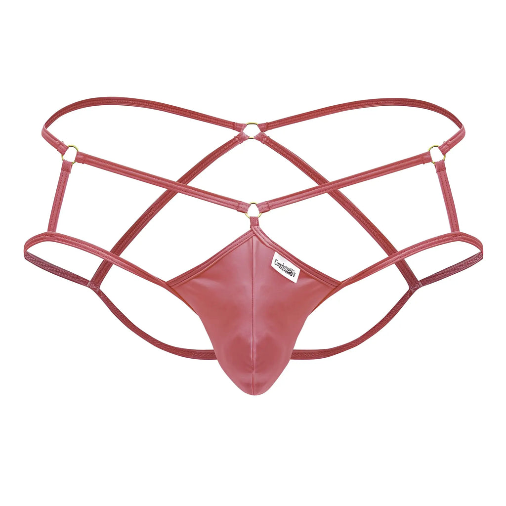 CandyMan 99831 cage jockstrap in hot pink red patent leather with crisscross straps and central panel visible from front