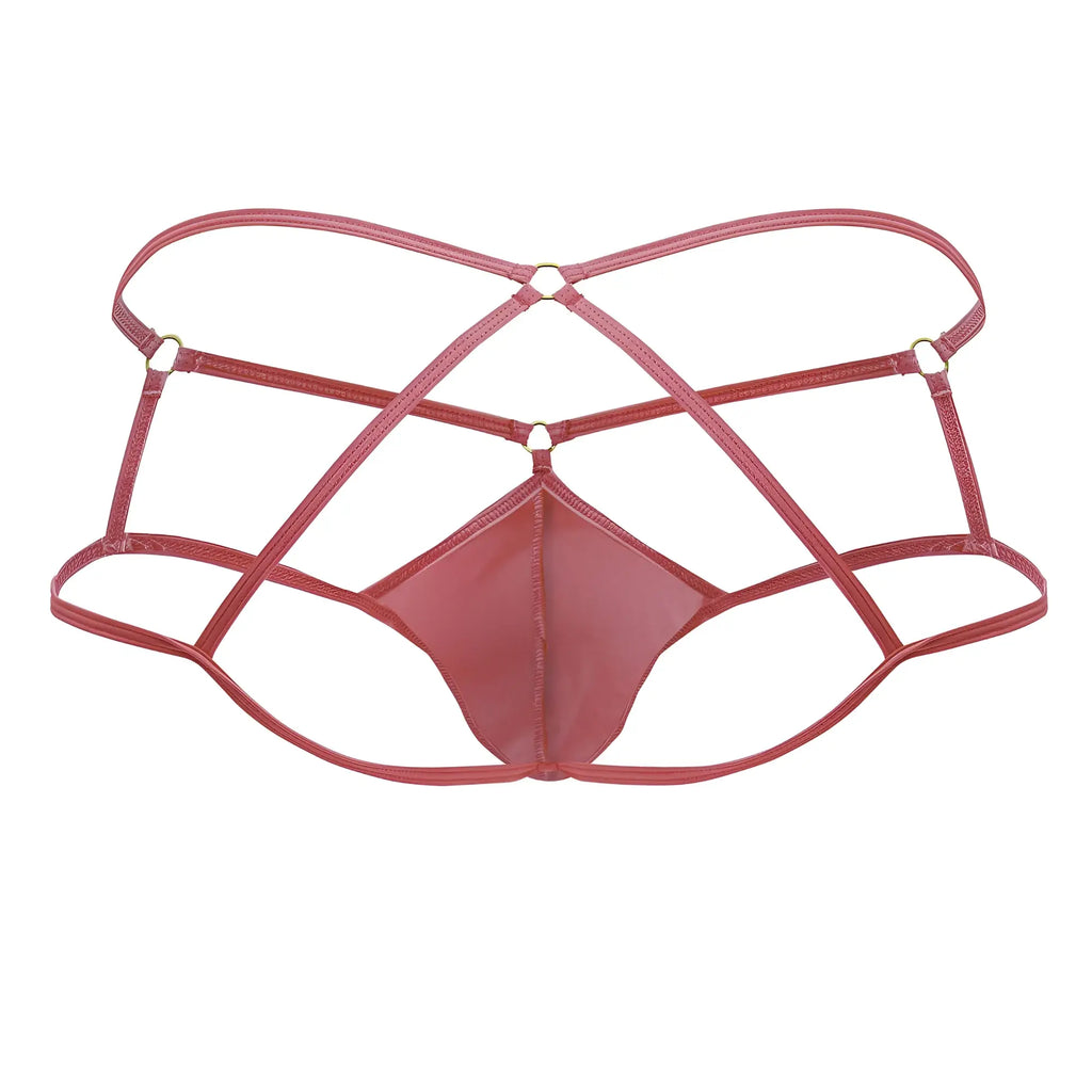 A sleek rose-colored latex thong with crisscross straps from the Candyman 99831 cage jockstrap hot pink collection
