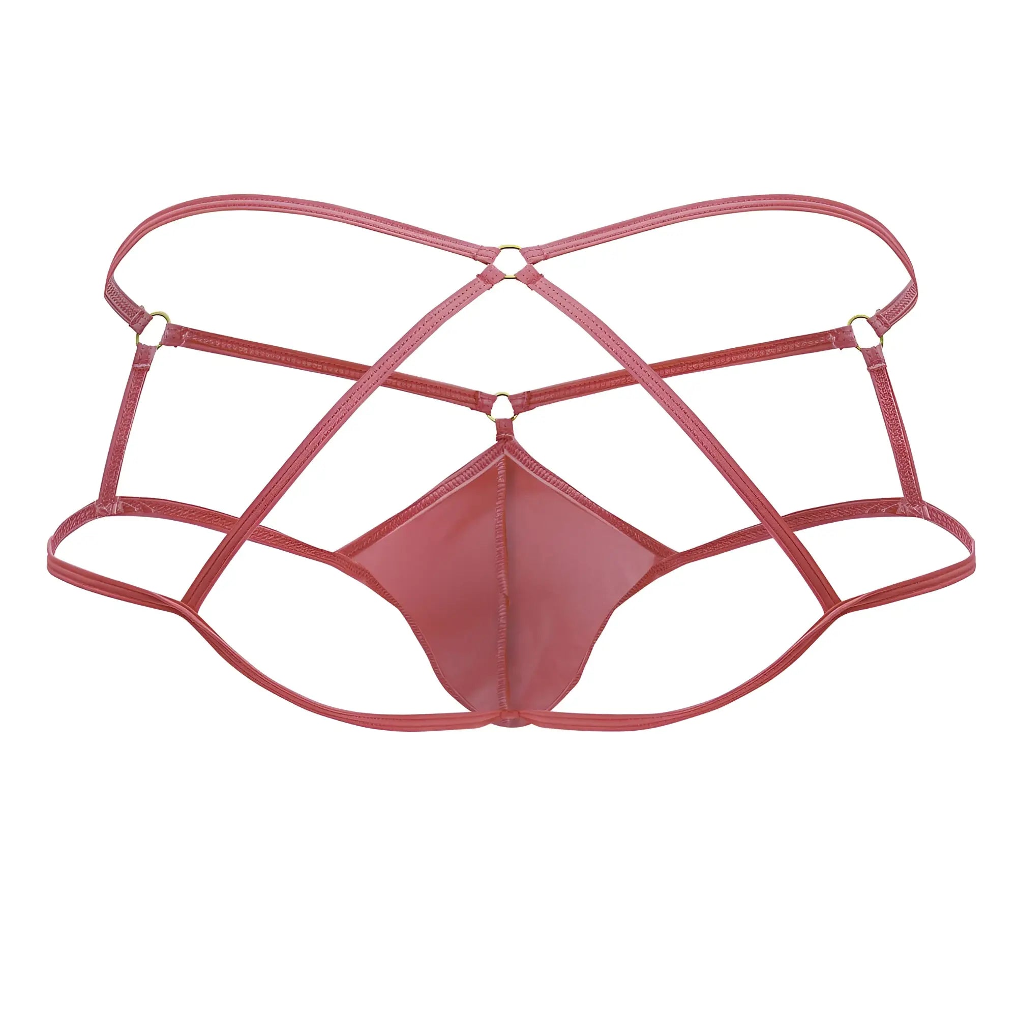 A sleek rose-colored latex thong with crisscross straps from the Candyman 99831 cage jockstrap hot pink collection