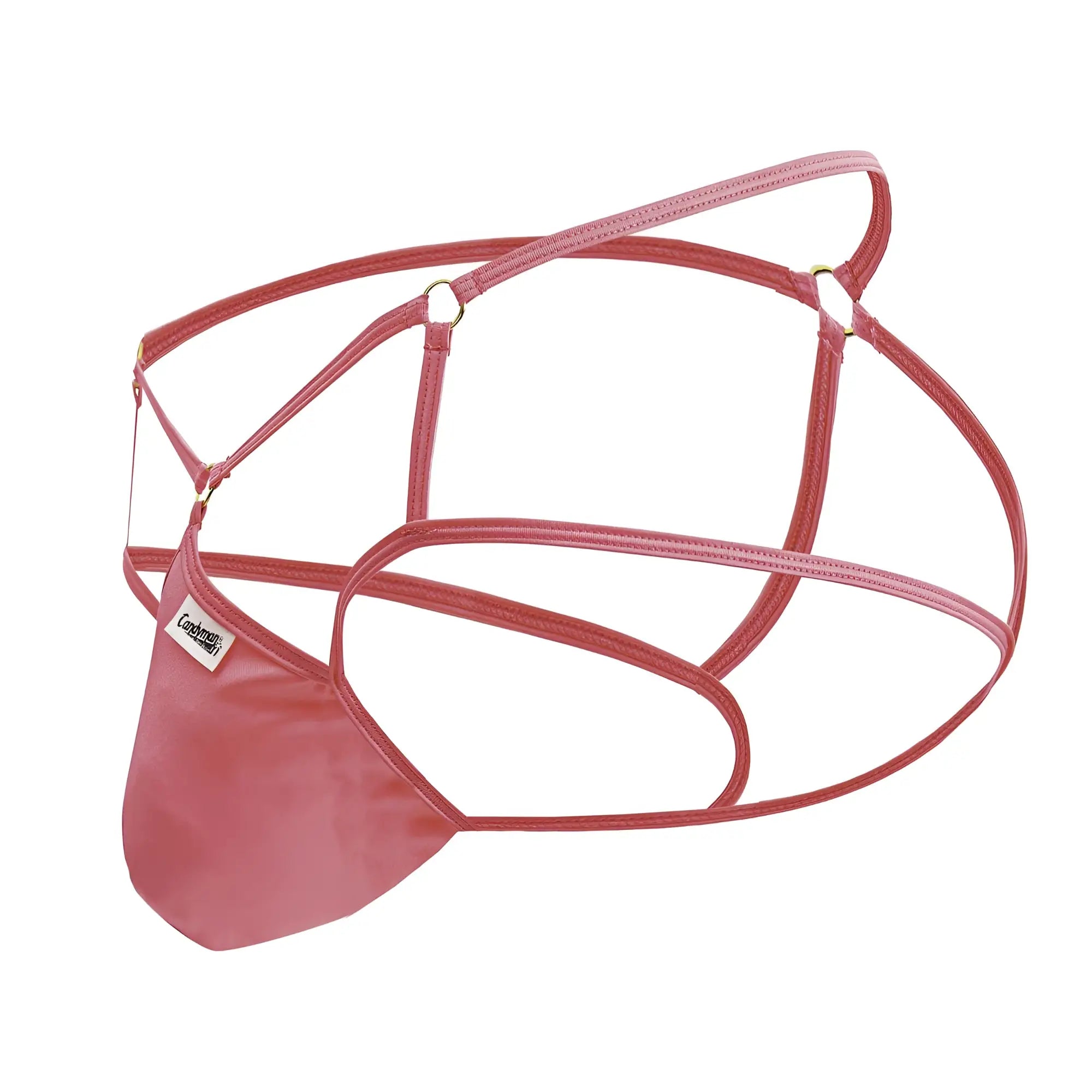 CandyMan 99831 cage jockstrap in hot pink rose-colored leather-like material with adjustable straps and minimalist design