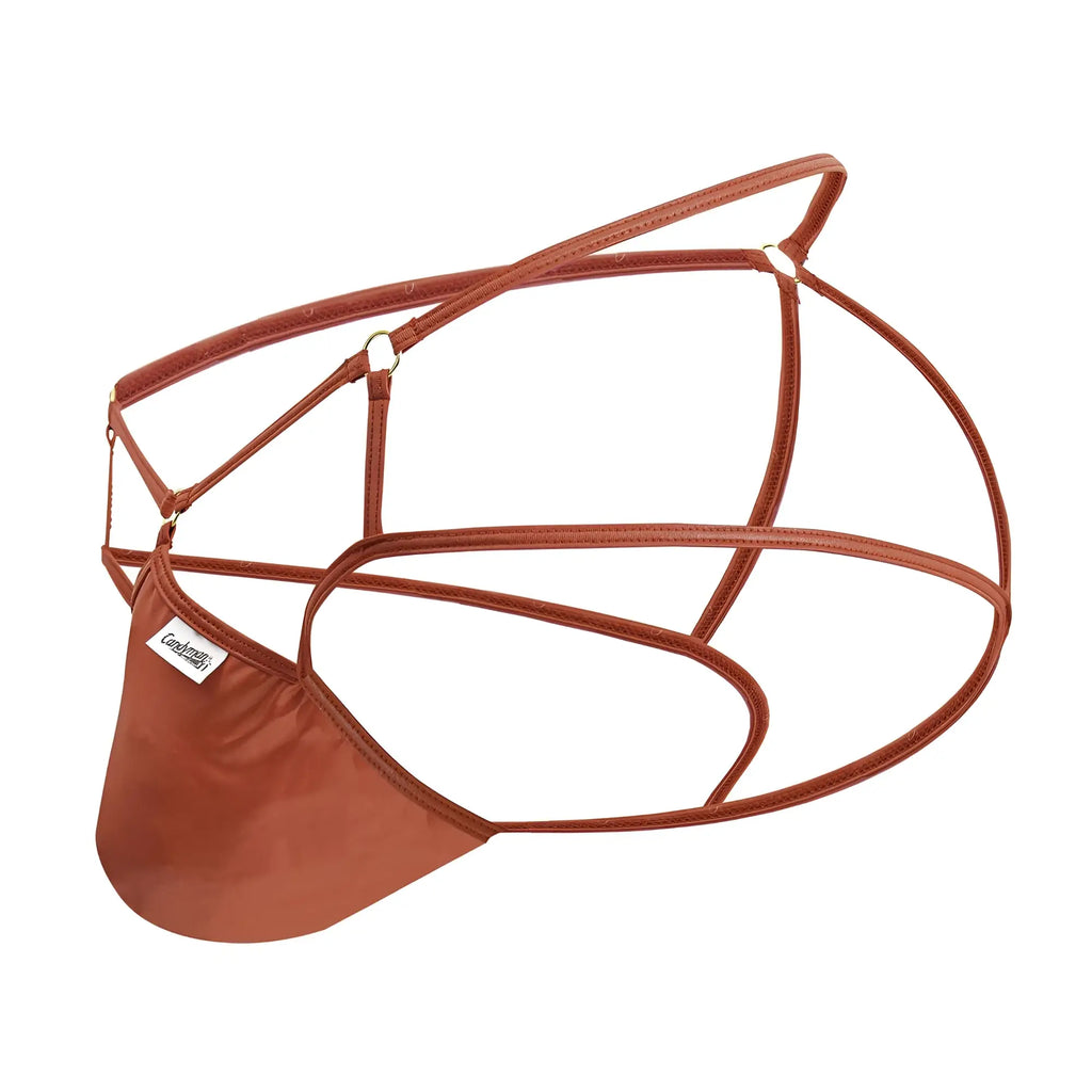 Candyman 99831 cage jockstrap in red with brown leather like strappy men’s thong and crisscrossing central pouch straps