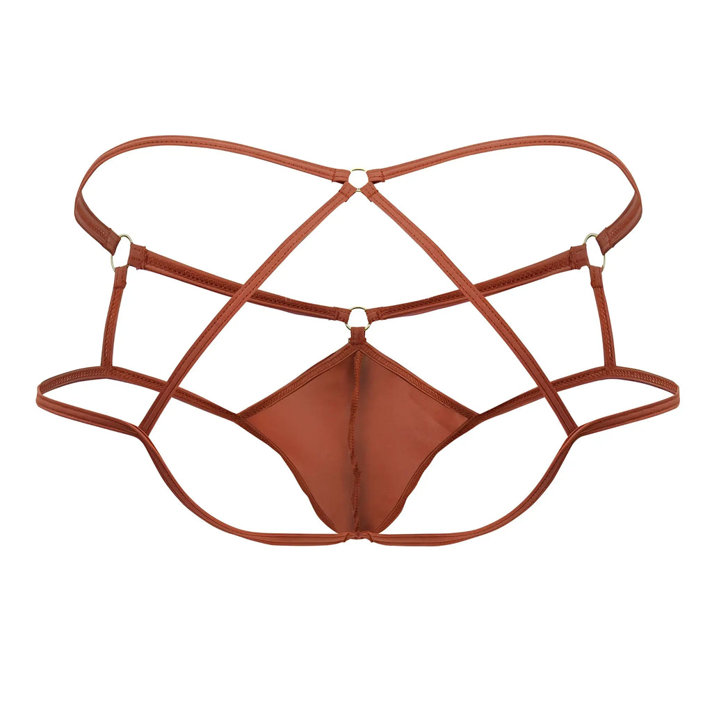 Brown candyMan 99831 cage jockstrap with strappy lace-up thong design and metallic hardware in red