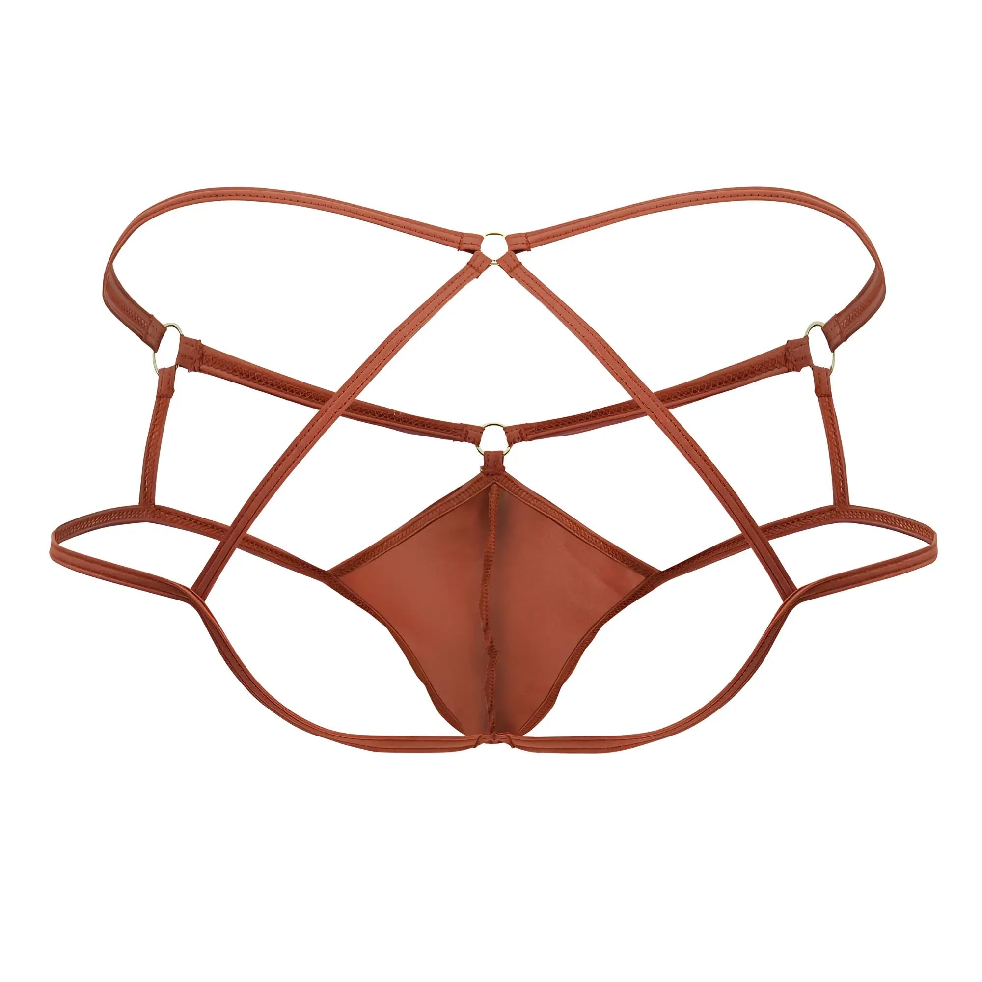 Brown candyMan 99831 cage jockstrap with strappy lace-up thong design and metallic hardware in red