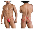 Red shiny latex thong with crisscross design and back strap from candyman 99831 cage jockstrap color red back view