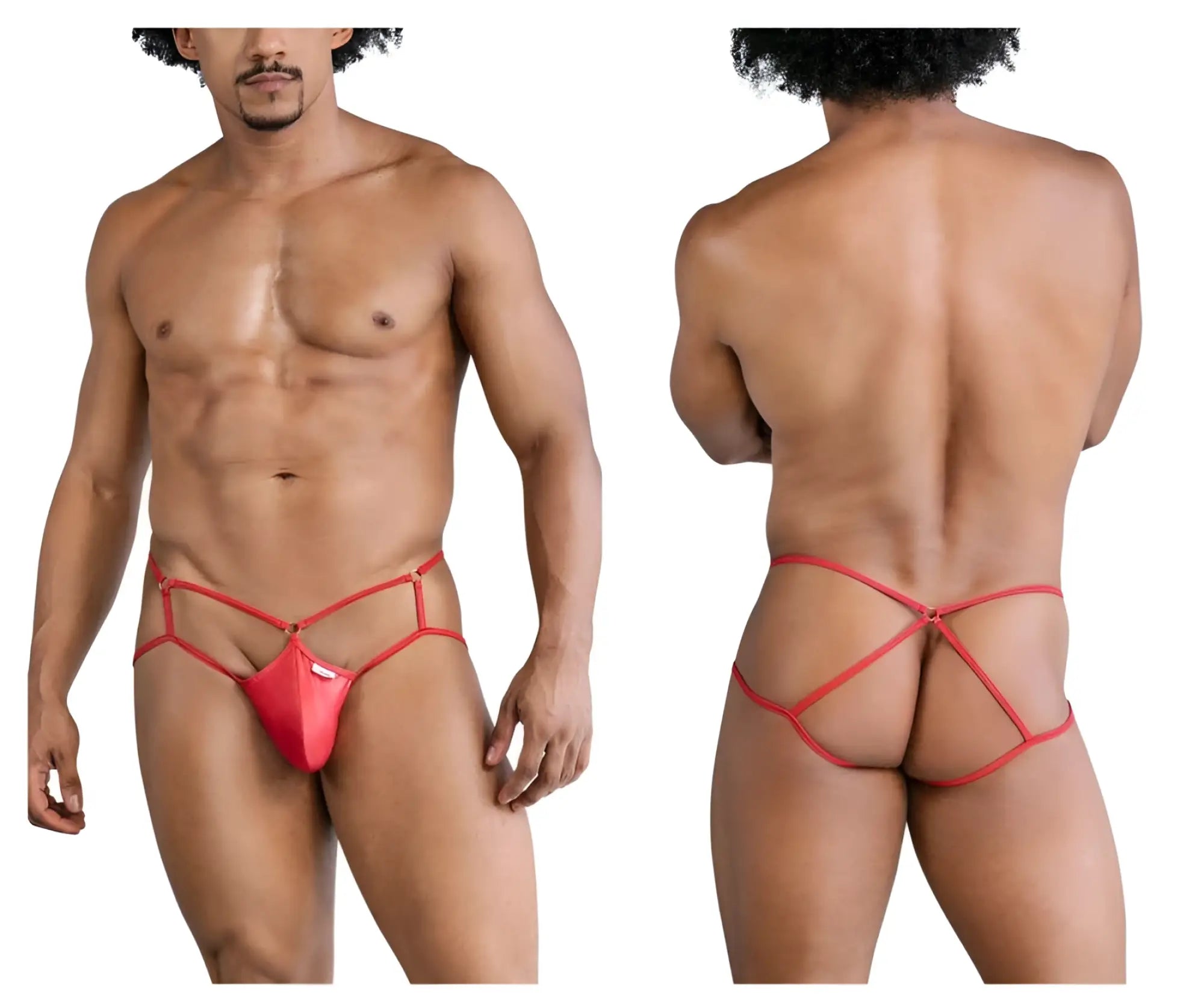 Red shiny latex thong with crisscross design and back strap from candyman 99831 cage jockstrap color red back view
