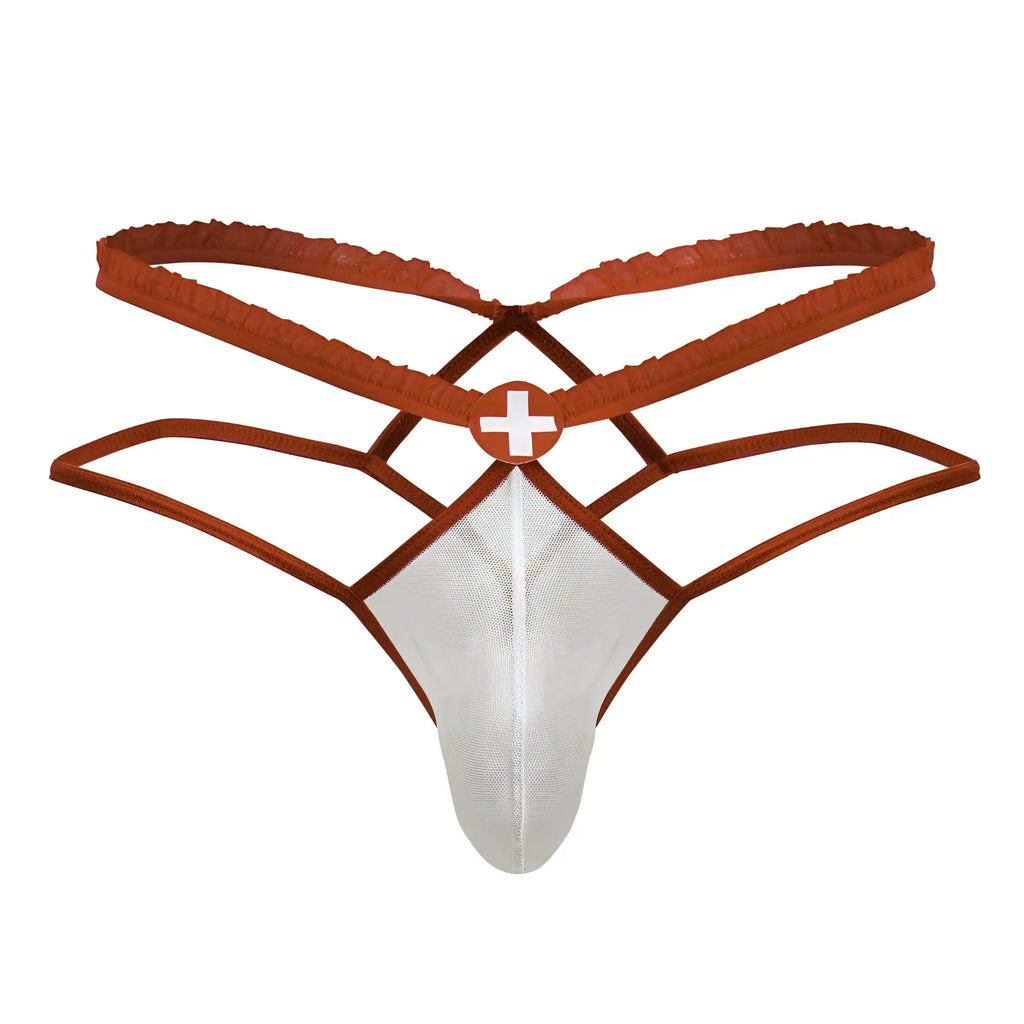 Brown and white candyman 99833 murse thong with mesh front panel and crisscross back straps showing back side