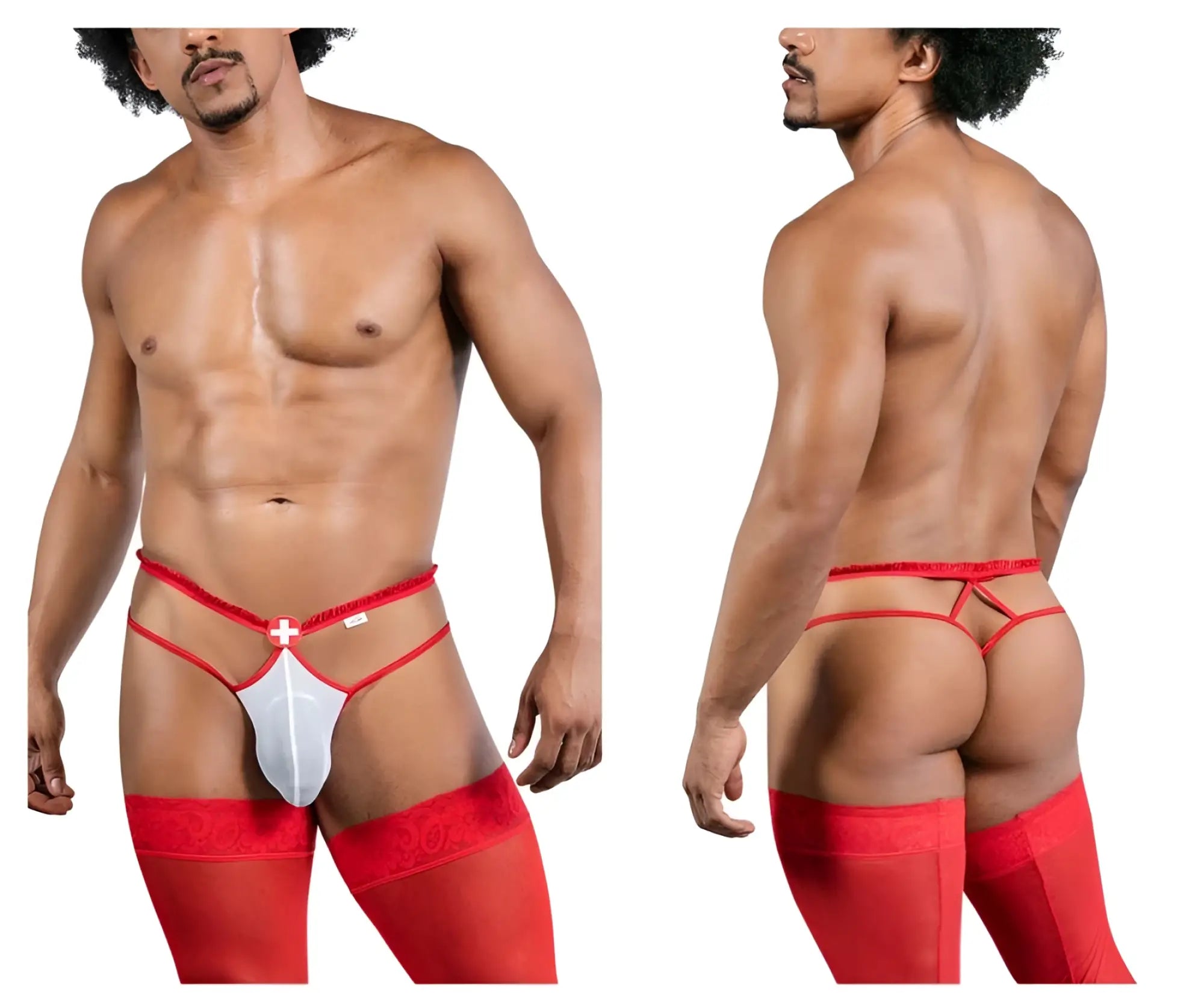 Red and white lace-trimmed CandyMan 99833 Murse thong with central cross design in front view