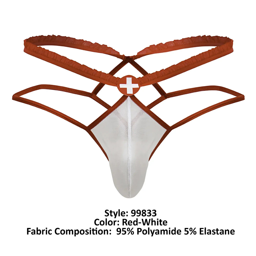 Red and white candyman 99833 murse thong with lace trim and crisscross design in medical theme shown from back