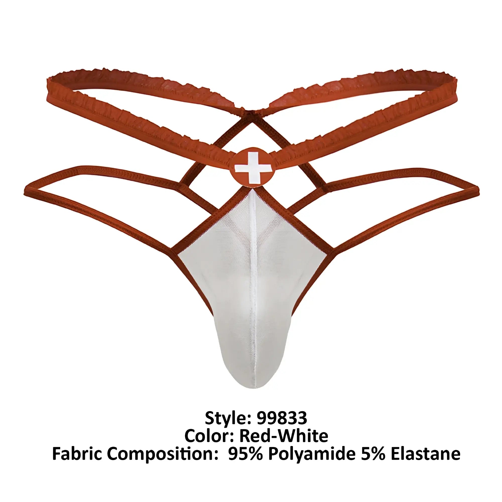 Red and white candyman 99833 murse thong with lace trim and crisscross design in medical theme shown from back