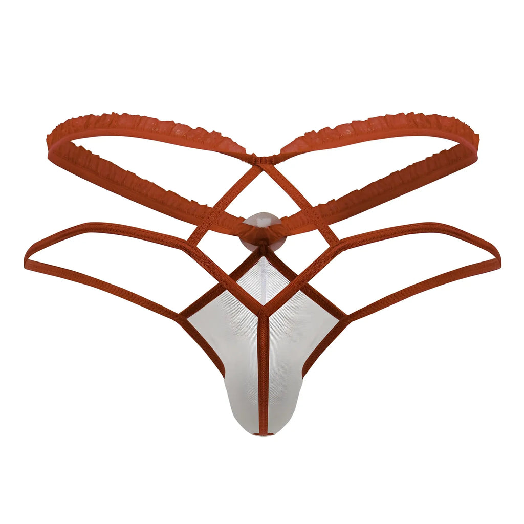 A white mesh CandyMan 99833 Murse thong with rust-colored elastic straps and a central circular clasp