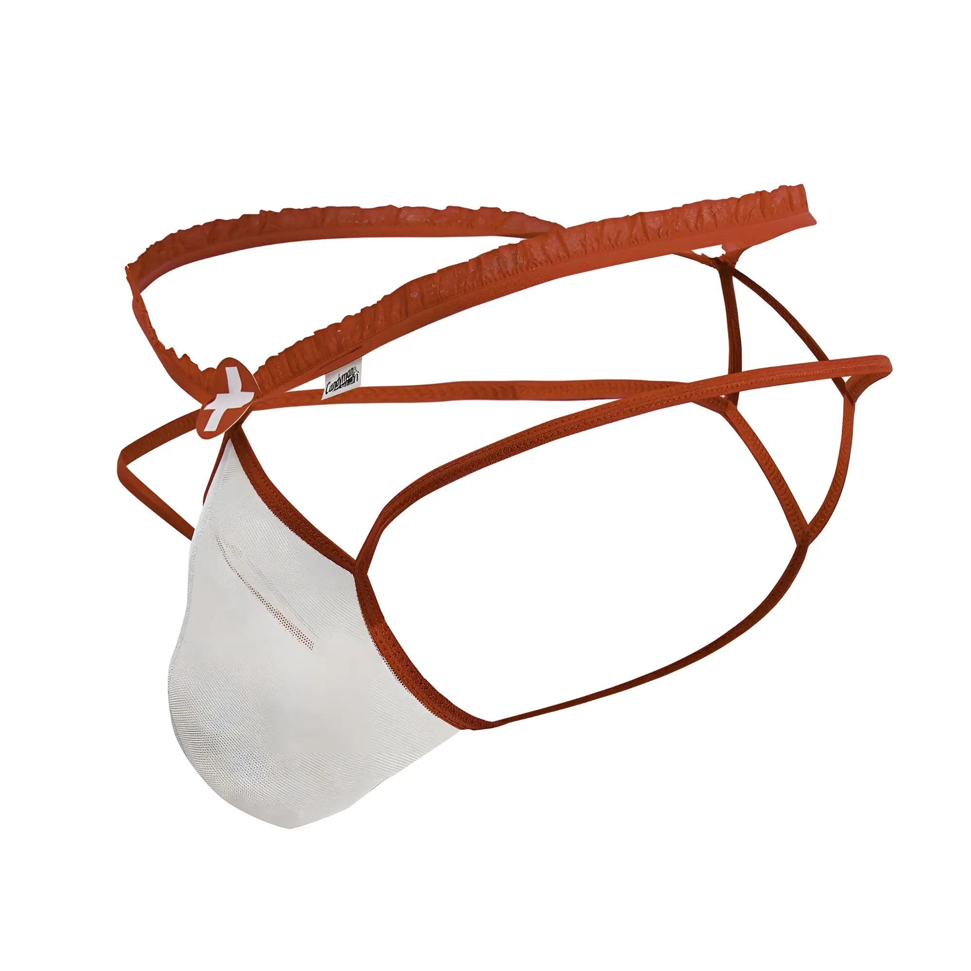 Orange and white mesh candyMan 99833 murse thong with elastic straps shown from the back side