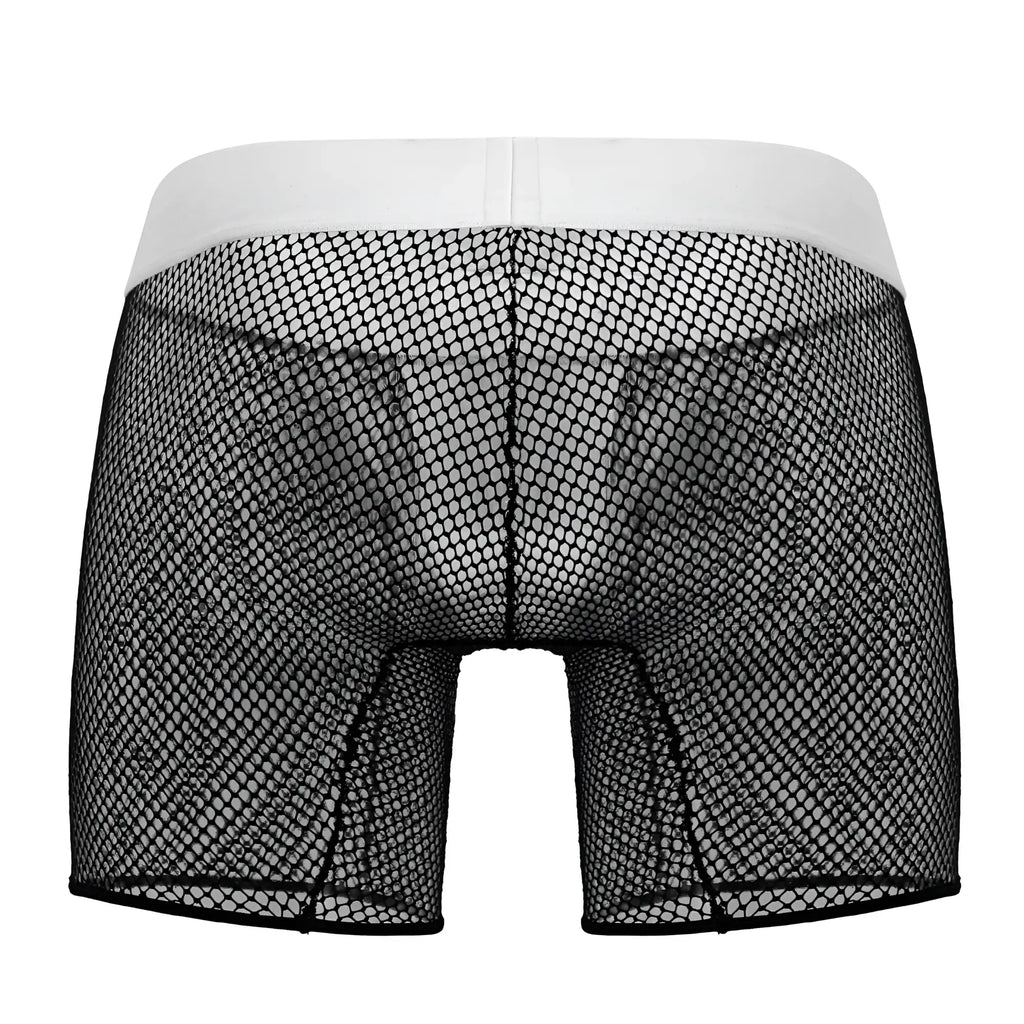 Black mesh boxer briefs with white elastic waistband candy man 99834 tuxedo trunks in black color