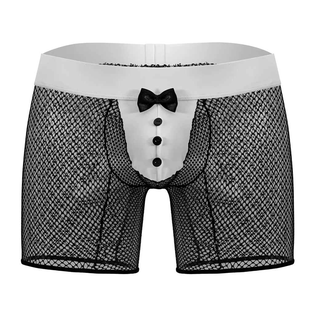 Black mesh boxer briefs with white front panel, three black buttons, and bow tie candyMan 99834 tuxedo trunks