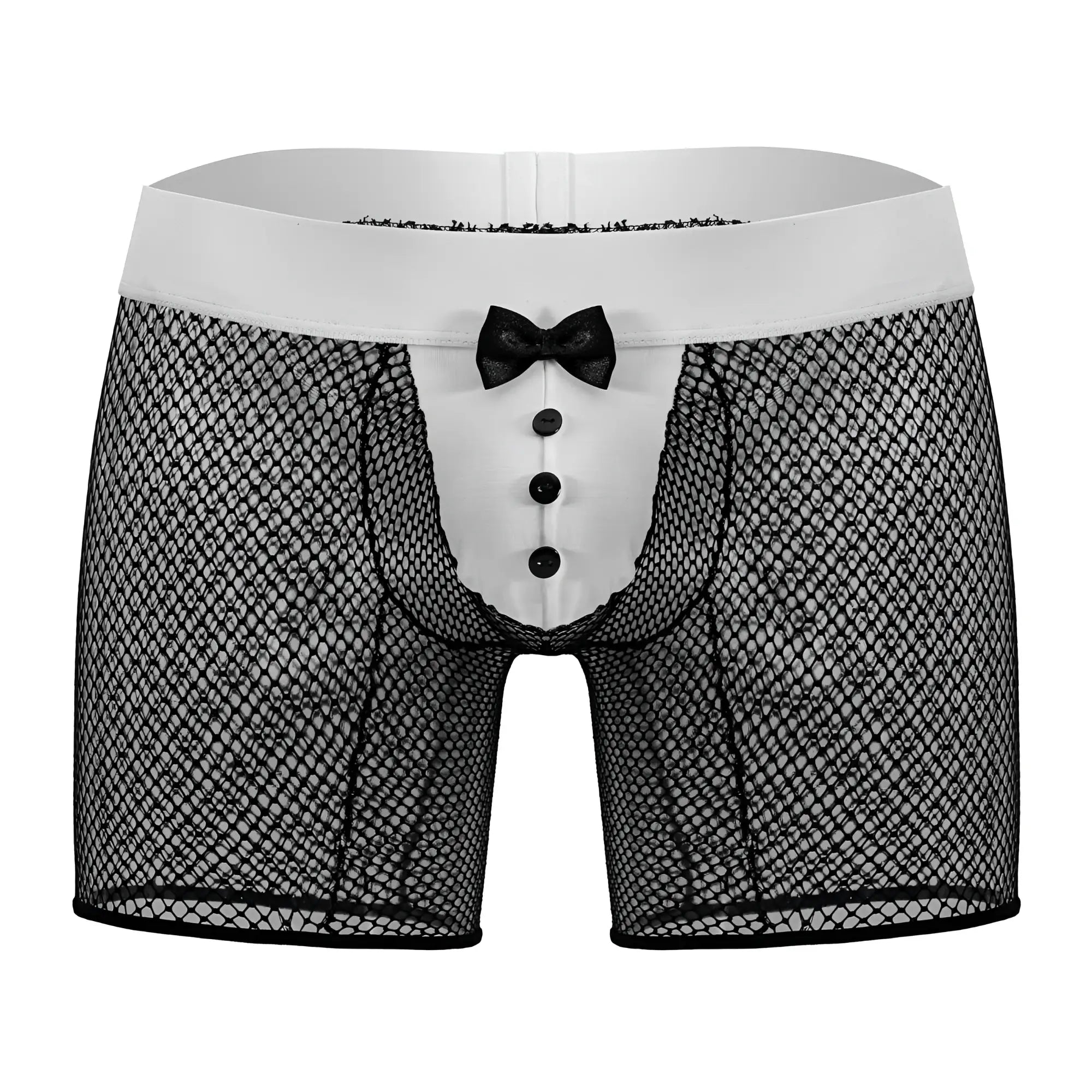 Black mesh boxer briefs with white front panel, three black buttons, and bow tie candyMan 99834 tuxedo trunks