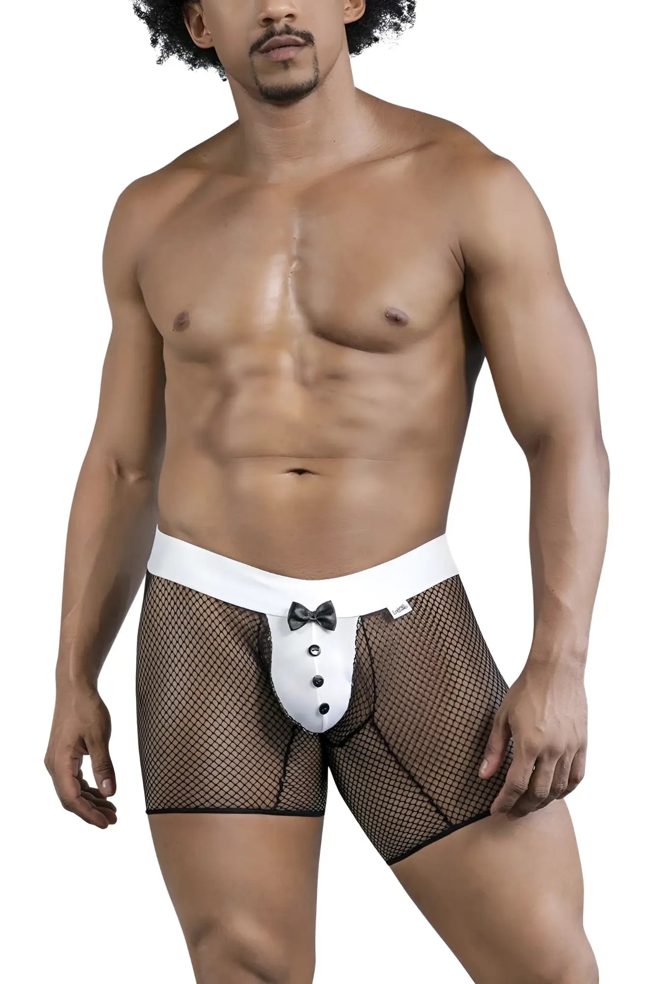 Black mesh candyMan 99834 tuxedo trunks boxer briefs with white tuxedo front panel buttons and bow tie design