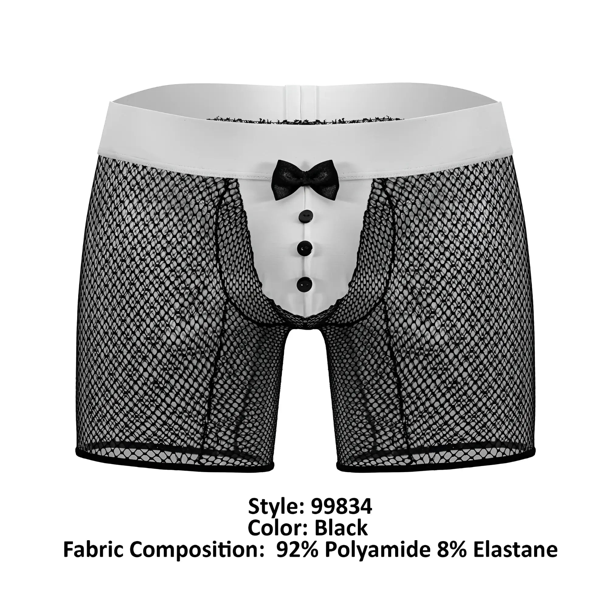 CandyMan 99834 tuxedo trunks black mesh boxer briefs with white waistband three black buttons and small bow tie front