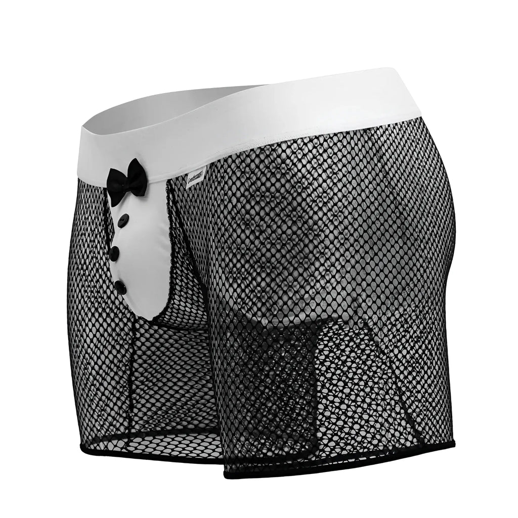 CandyMan 99834 tuxedo trunks black mesh boxer briefs with white waistband black bow tie and button detail front view