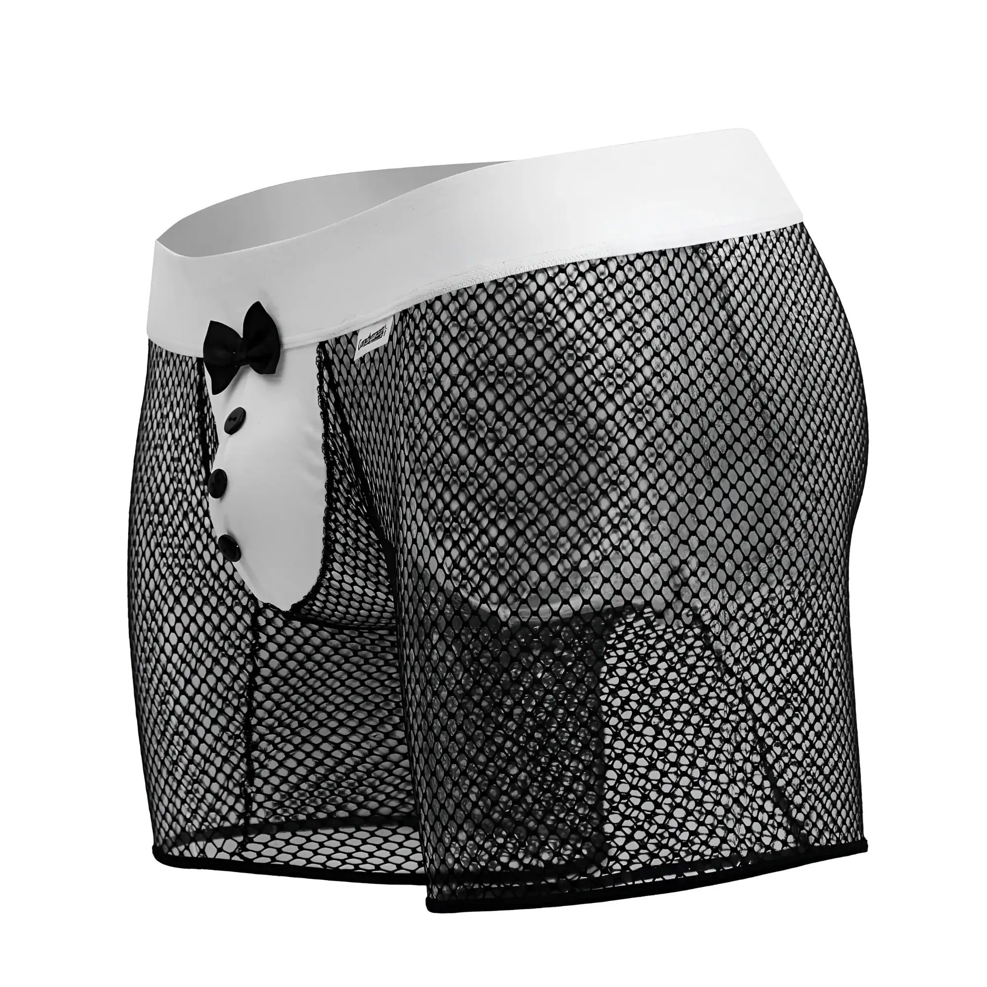 CandyMan 99834 tuxedo trunks black mesh boxer briefs with white waistband black bow tie and button detail front view