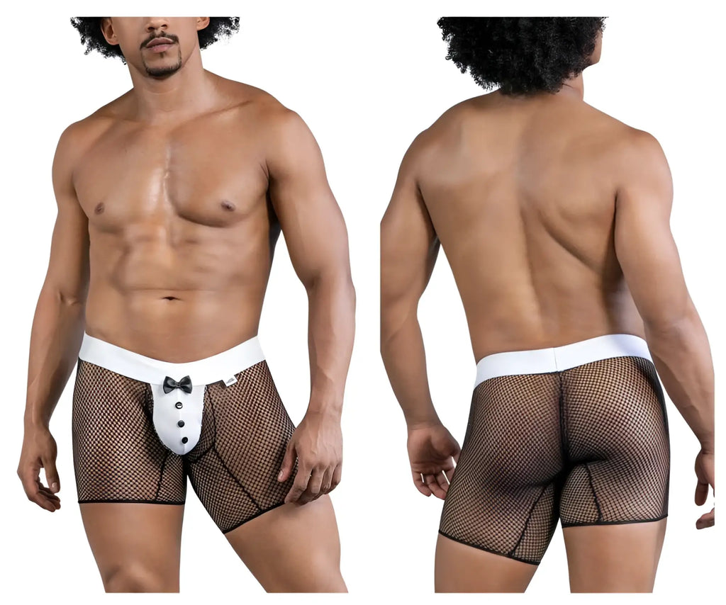 CandyMan 99834 tuxedo trunks black mesh briefs with white waistband and front button tuxedo detail