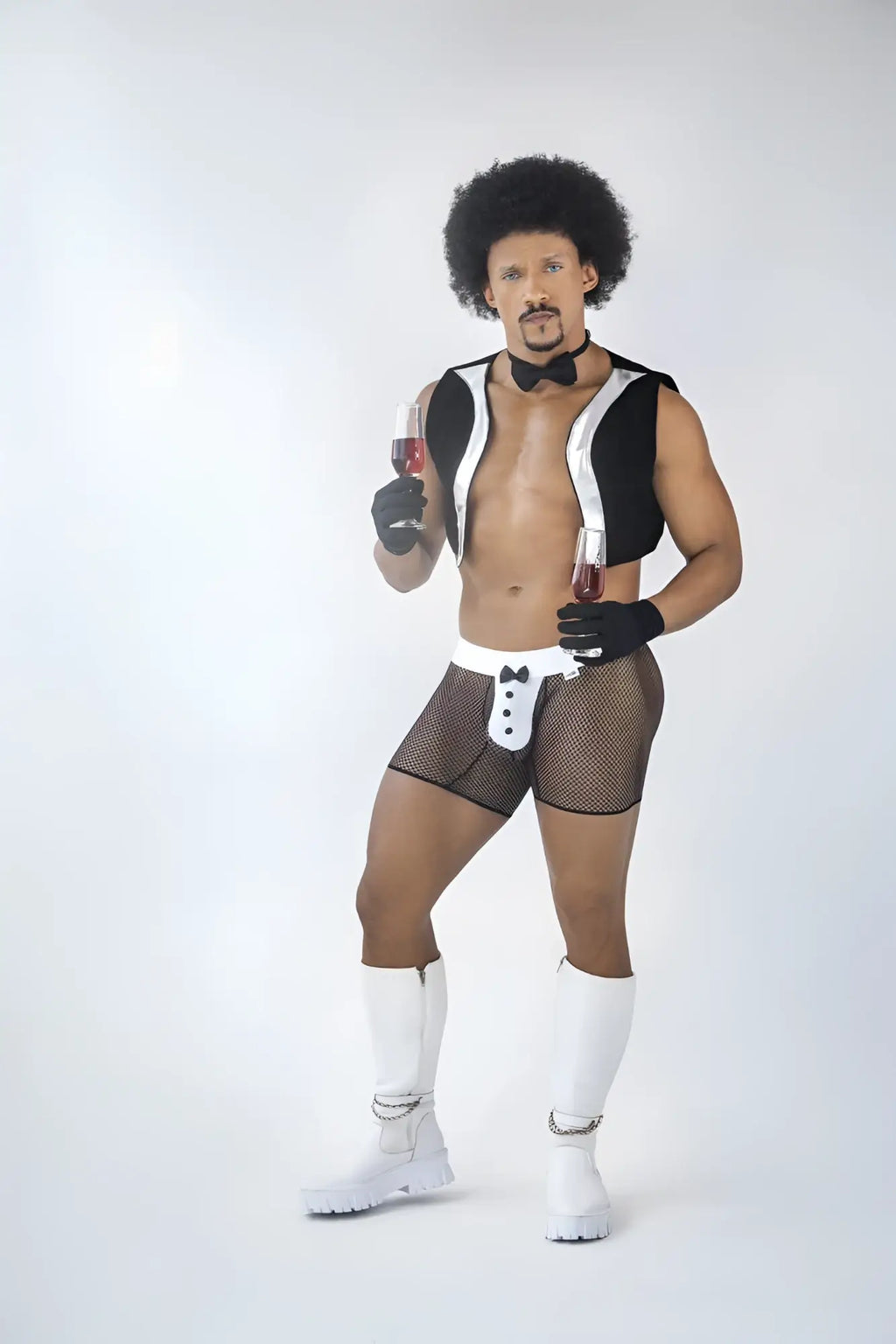 Black and white mesh tuxedo trunks with bow tie detail candyMan 99834 tuxedo trunks color black front view