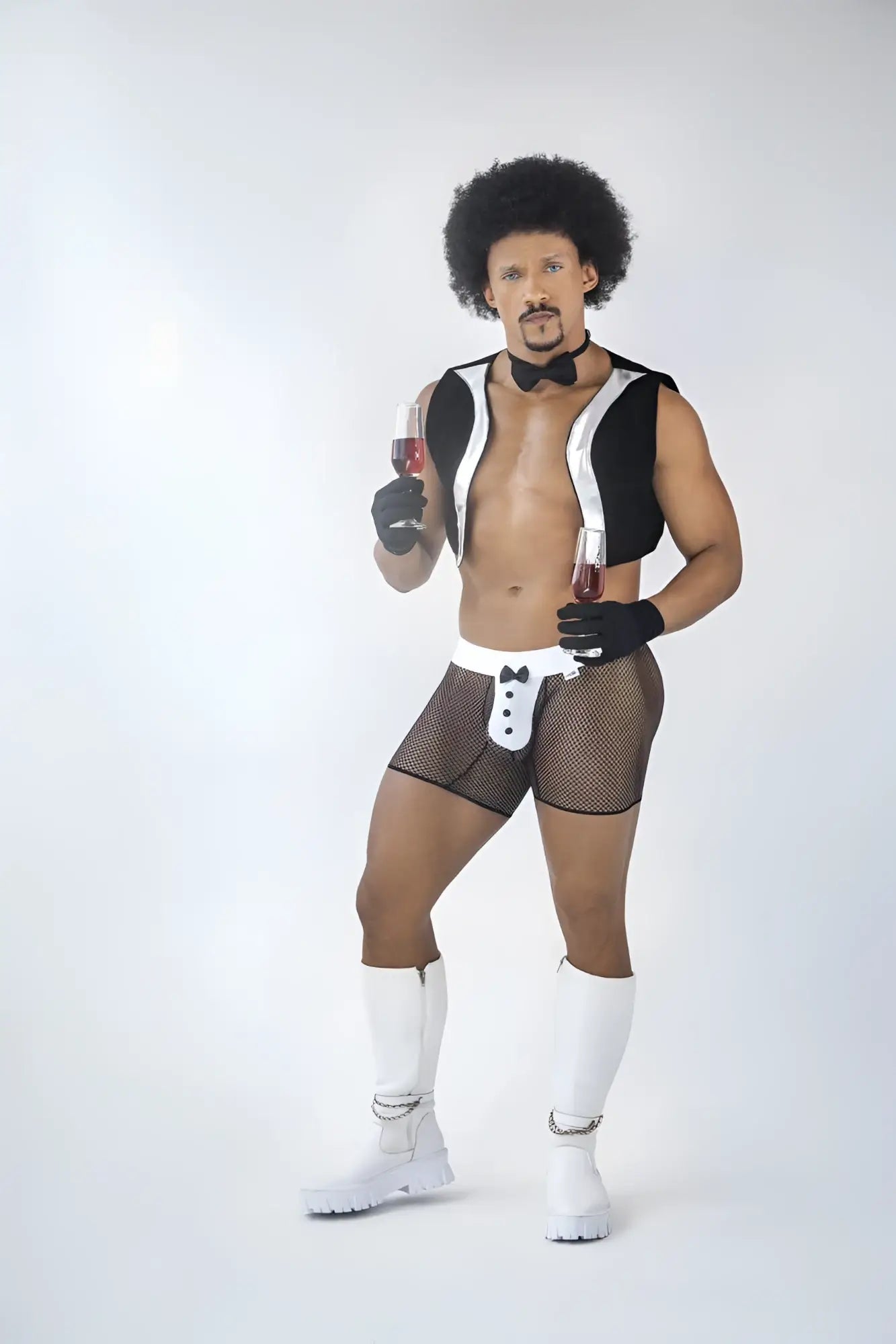 Black and white mesh tuxedo trunks with bow tie detail candyMan 99834 tuxedo trunks color black front view