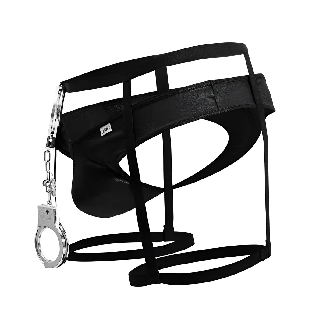 Black leather-like police outfit harness with silver handcuff attached side from candyman 99835 in black color