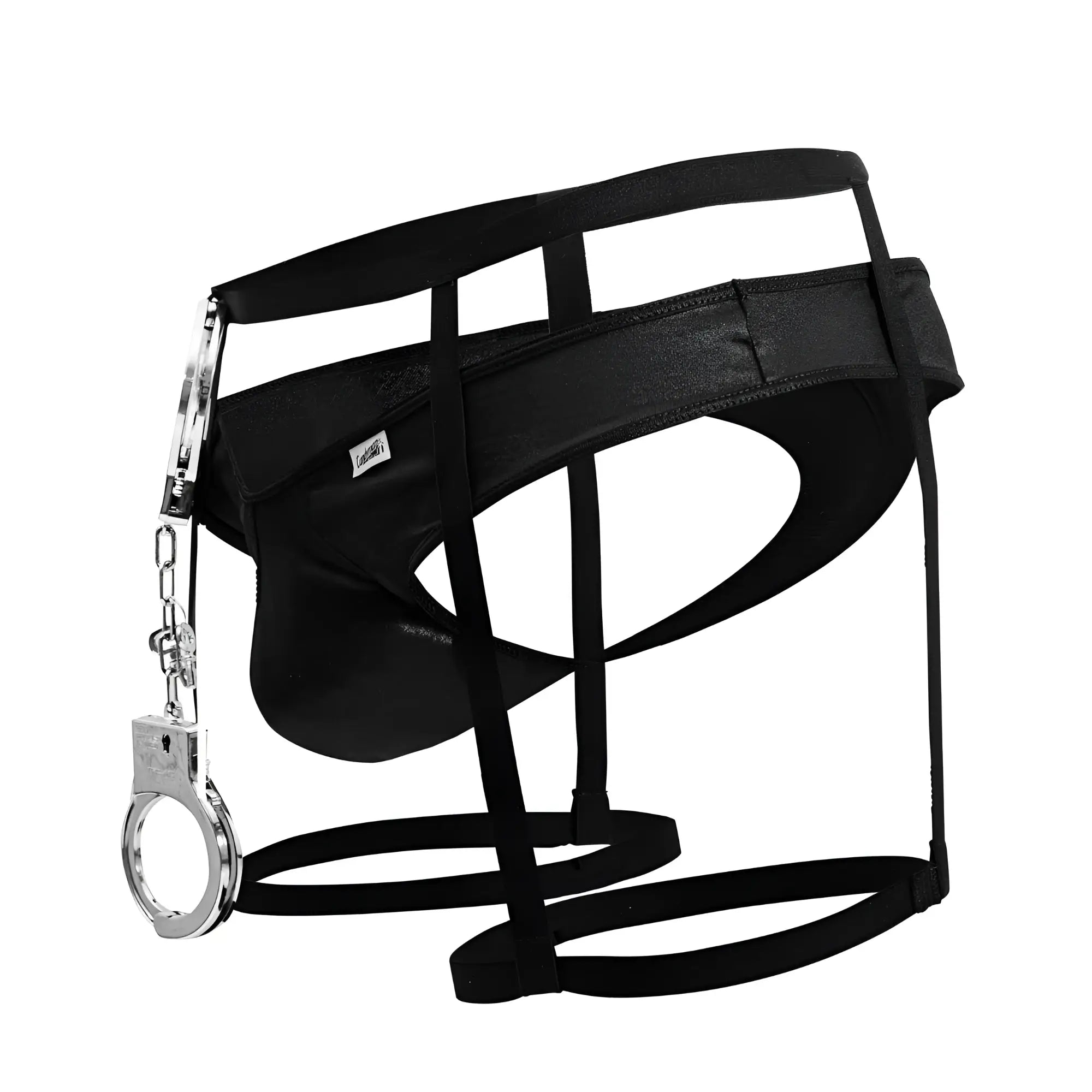 Black leather-like police outfit harness with silver handcuff attached side from candyman 99835 in black color