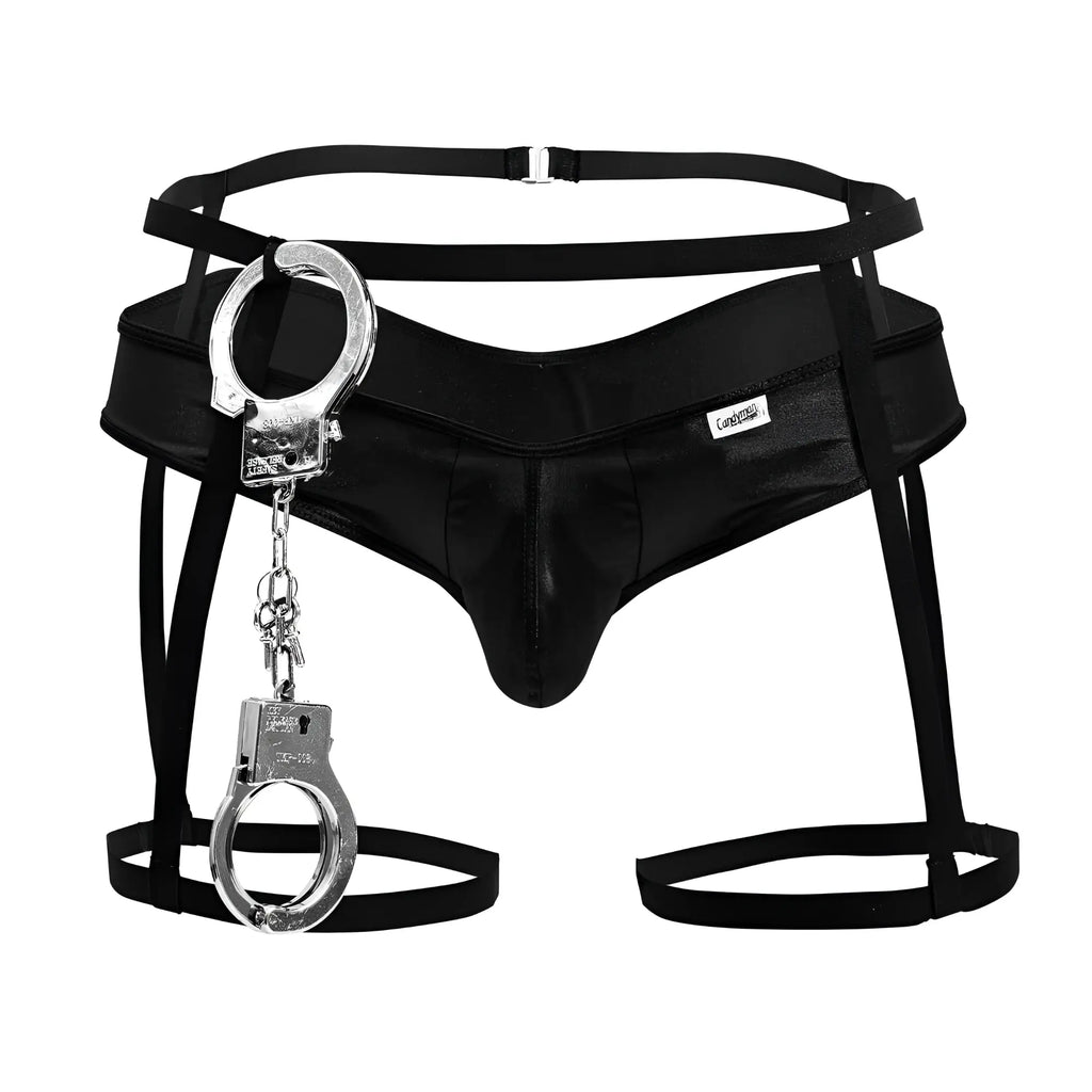 Black leather-like police harness with silver handcuffs front detail candyMan 99835 police outfit accessory